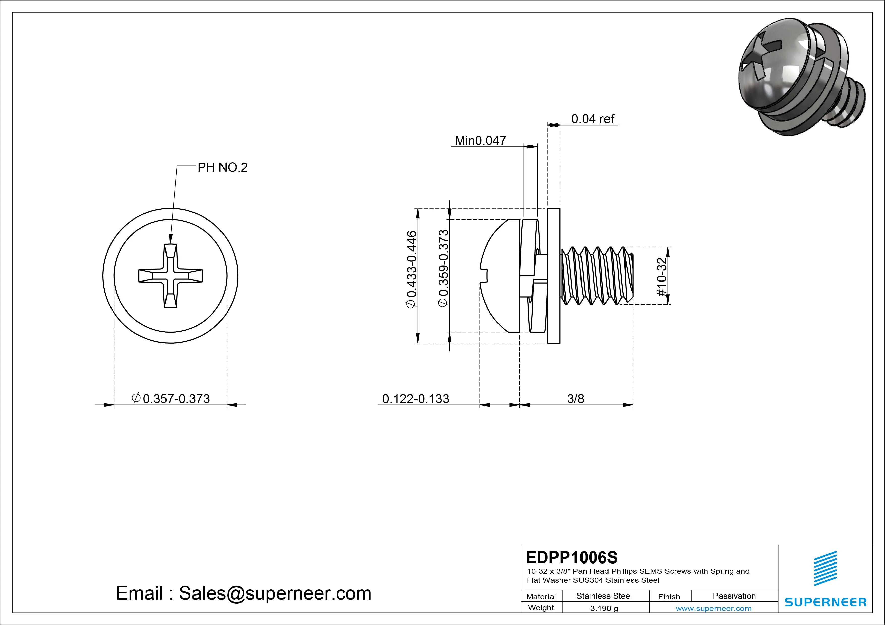 10-32 x 3/8" Pan Head Phillips SEMS Screws with Spring and Flat Washer SUS304 Stainless Steel Inox