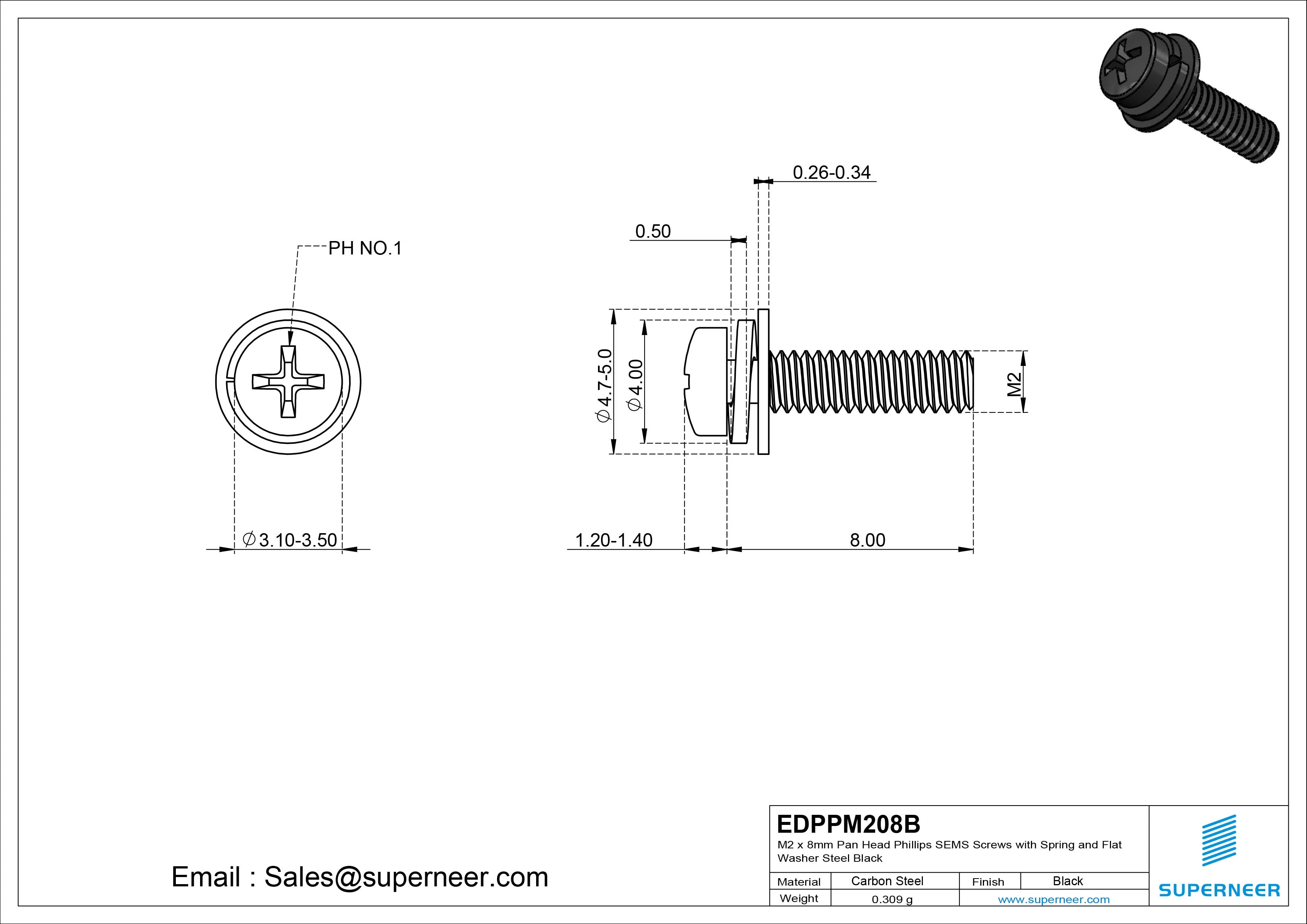 M2 x 8mm Pan Head Phillips SEMS Screws with Spring and Flat Washer Steel Black