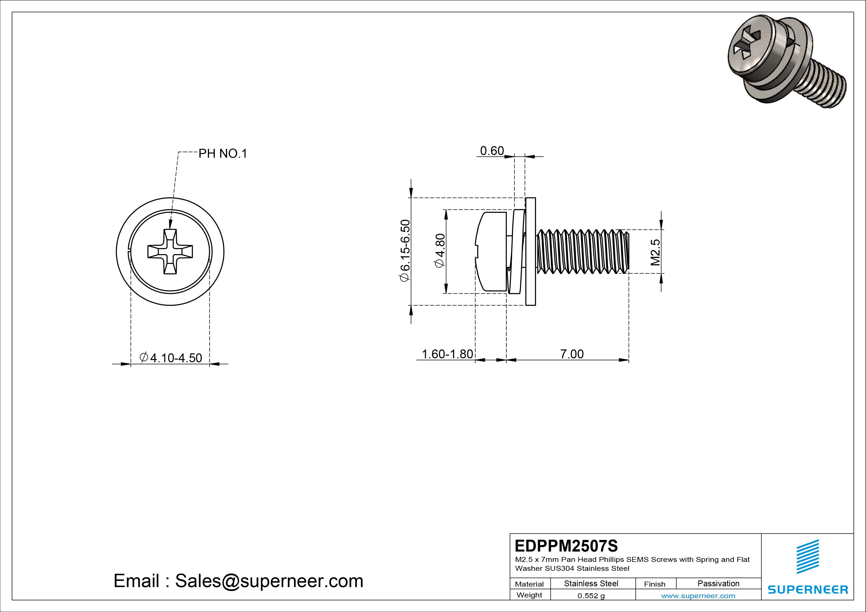M2.5 x 7mm Pan Head Phillips SEMS Screws with Spring and Flat Washer SUS304 Stainless Steel Inox