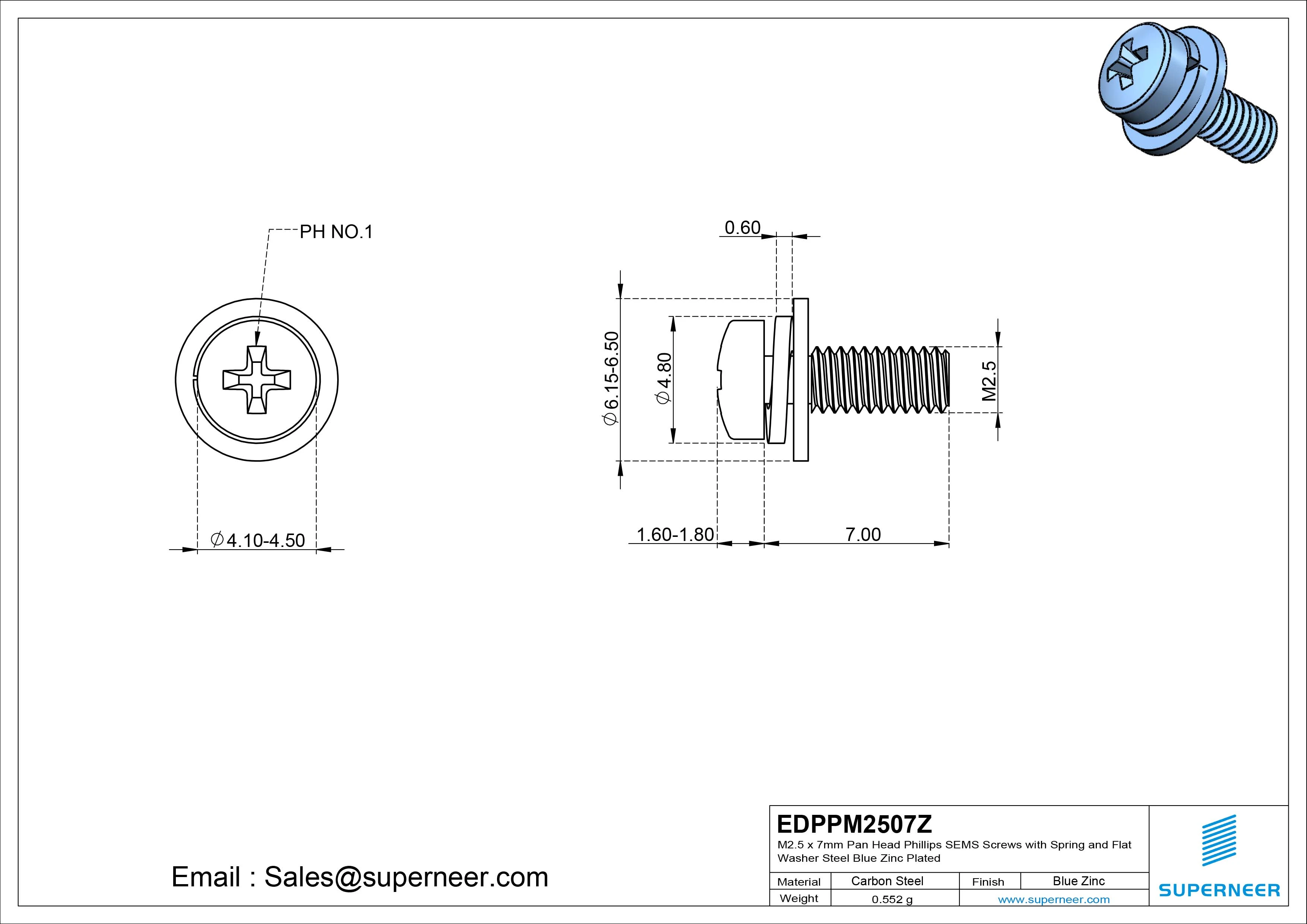 M2.5 x 7mm Pan Head Phillips SEMS Screws with Spring and Flat Washer Steel Blue Zinc Plated