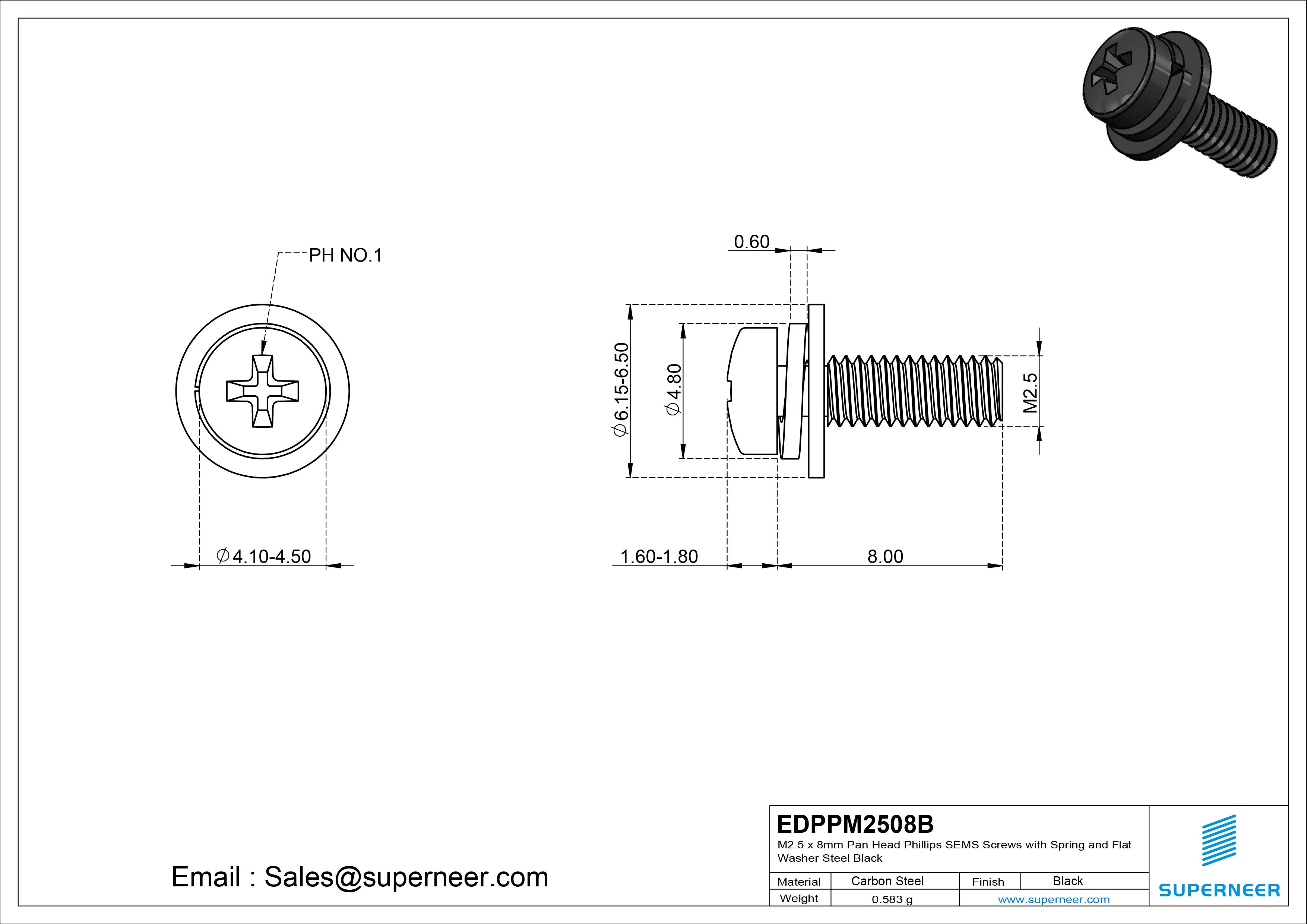 M2.5 x 8mm Pan Head Phillips SEMS Screws with Spring and Flat Washer Steel Black