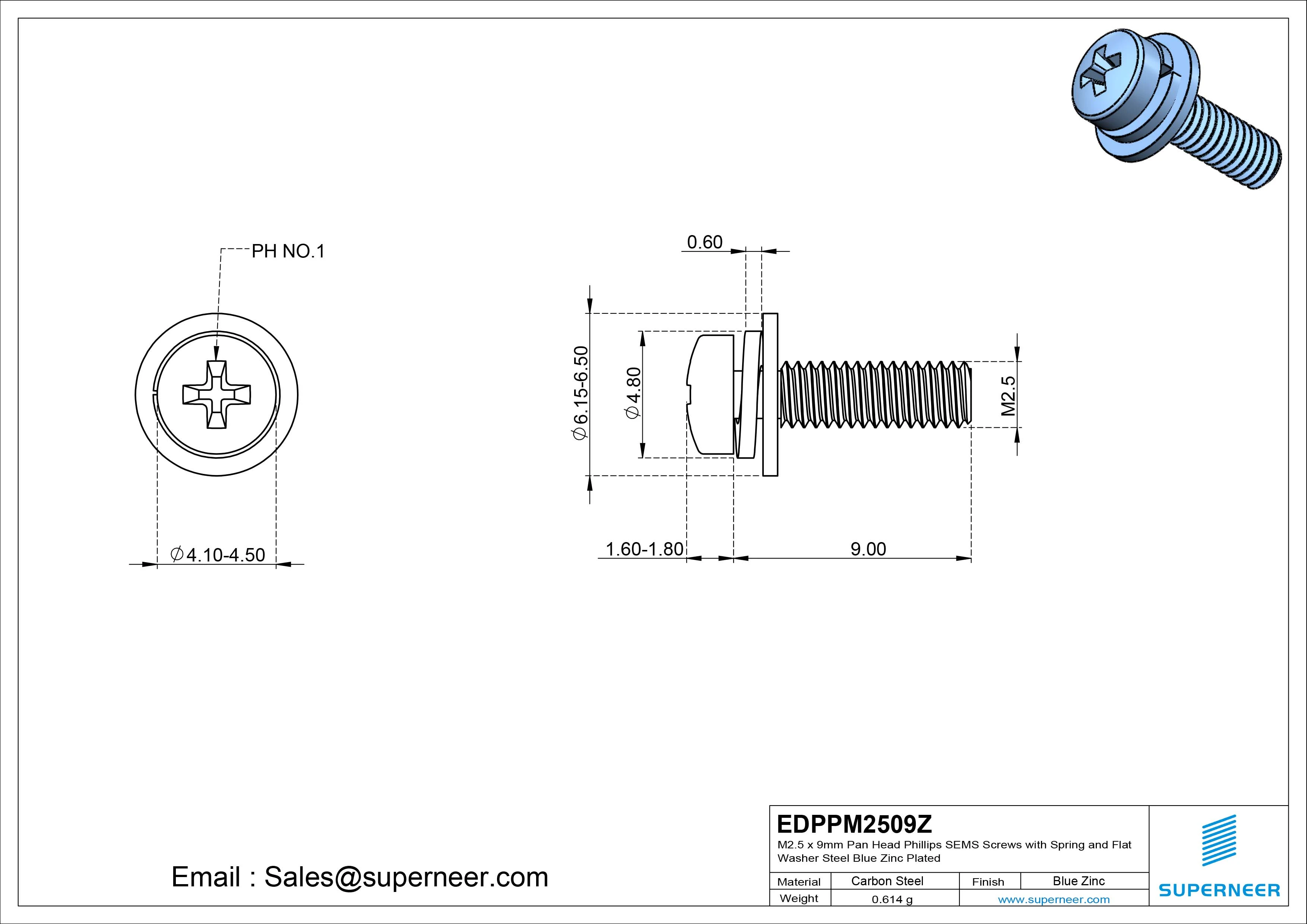 M2.5 x 9mm Pan Head Phillips SEMS Screws with Spring and Flat Washer Steel Blue Zinc Plated