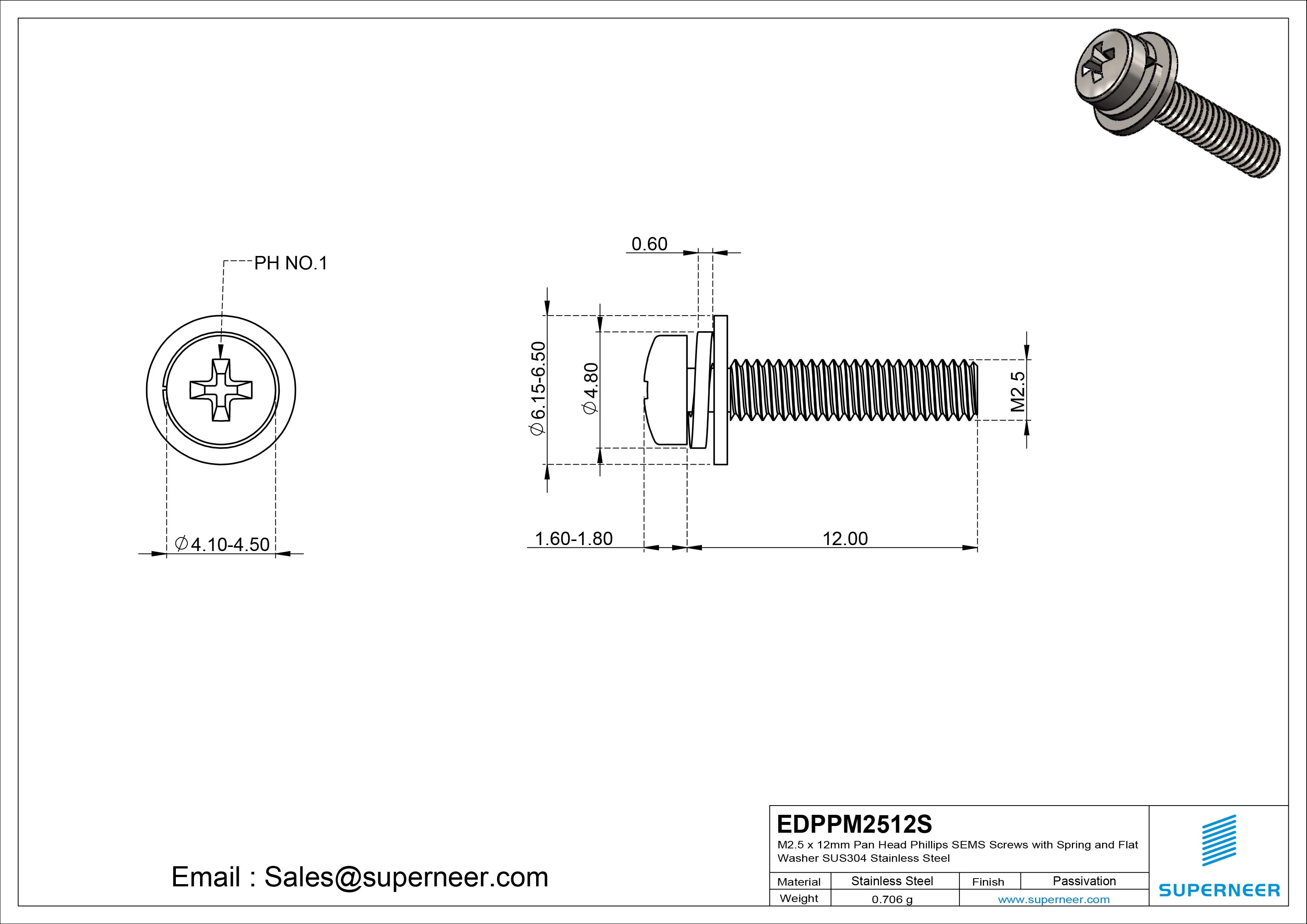 M2.5 x 12mm Pan Head Phillips SEMS Screws with Spring and Flat Washer SUS304 Stainless Steel Inox