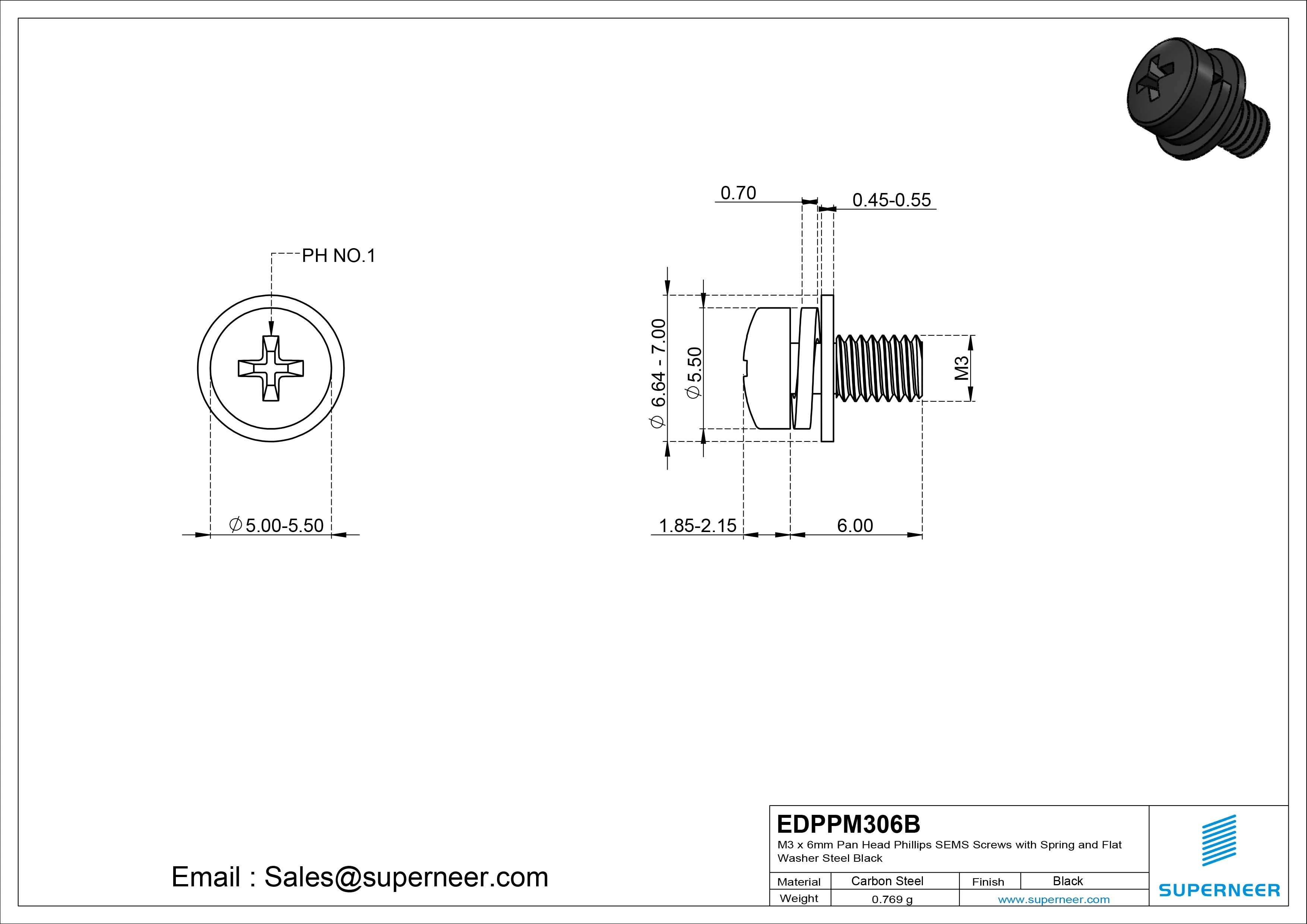 M3 x 6mm Pan Head Phillips SEMS Screws with Spring and Flat Washer Steel Black
