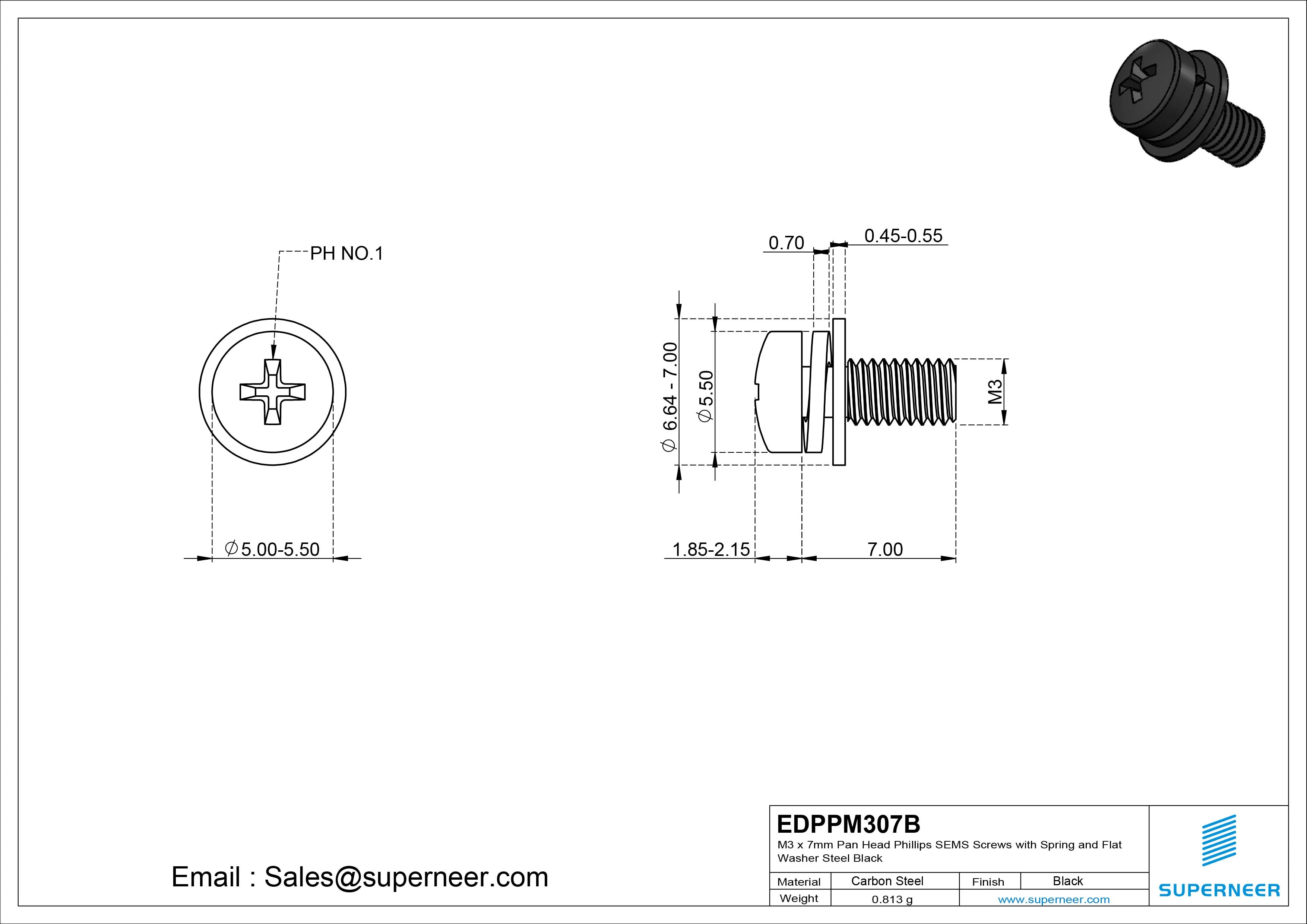 M3 x 7mm Pan Head Phillips SEMS Screws with Spring and Flat Washer Steel Black