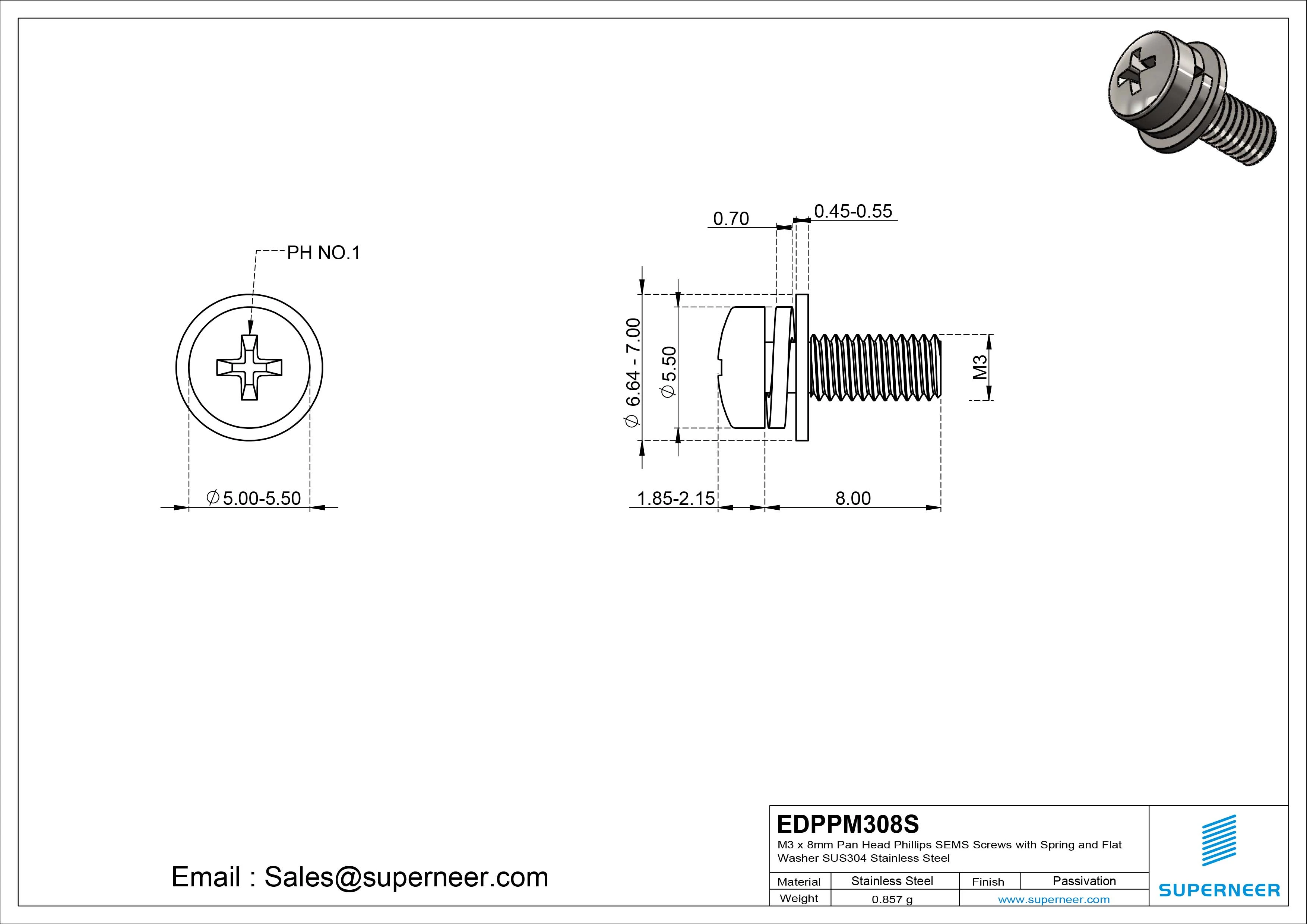M3 x 8mm Pan Head Phillips SEMS Screws with Spring and Flat Washer SUS304 Stainless Steel Inox
