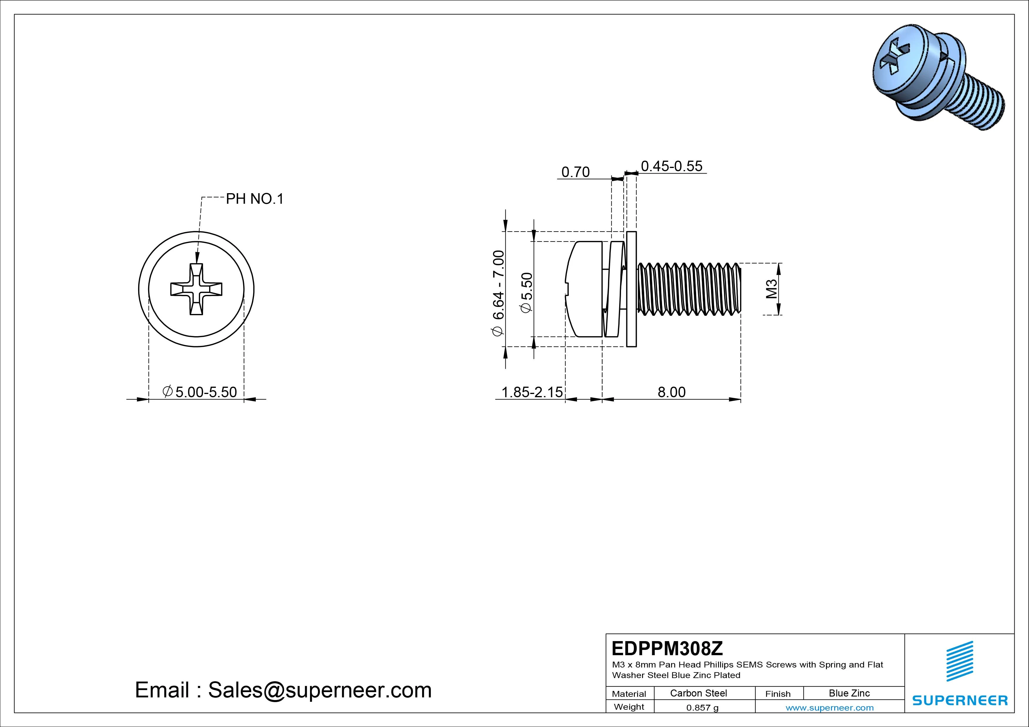 M3 x 8mm Pan Head Phillips SEMS Screws with Spring and Flat Washer Steel Blue Zinc Plated