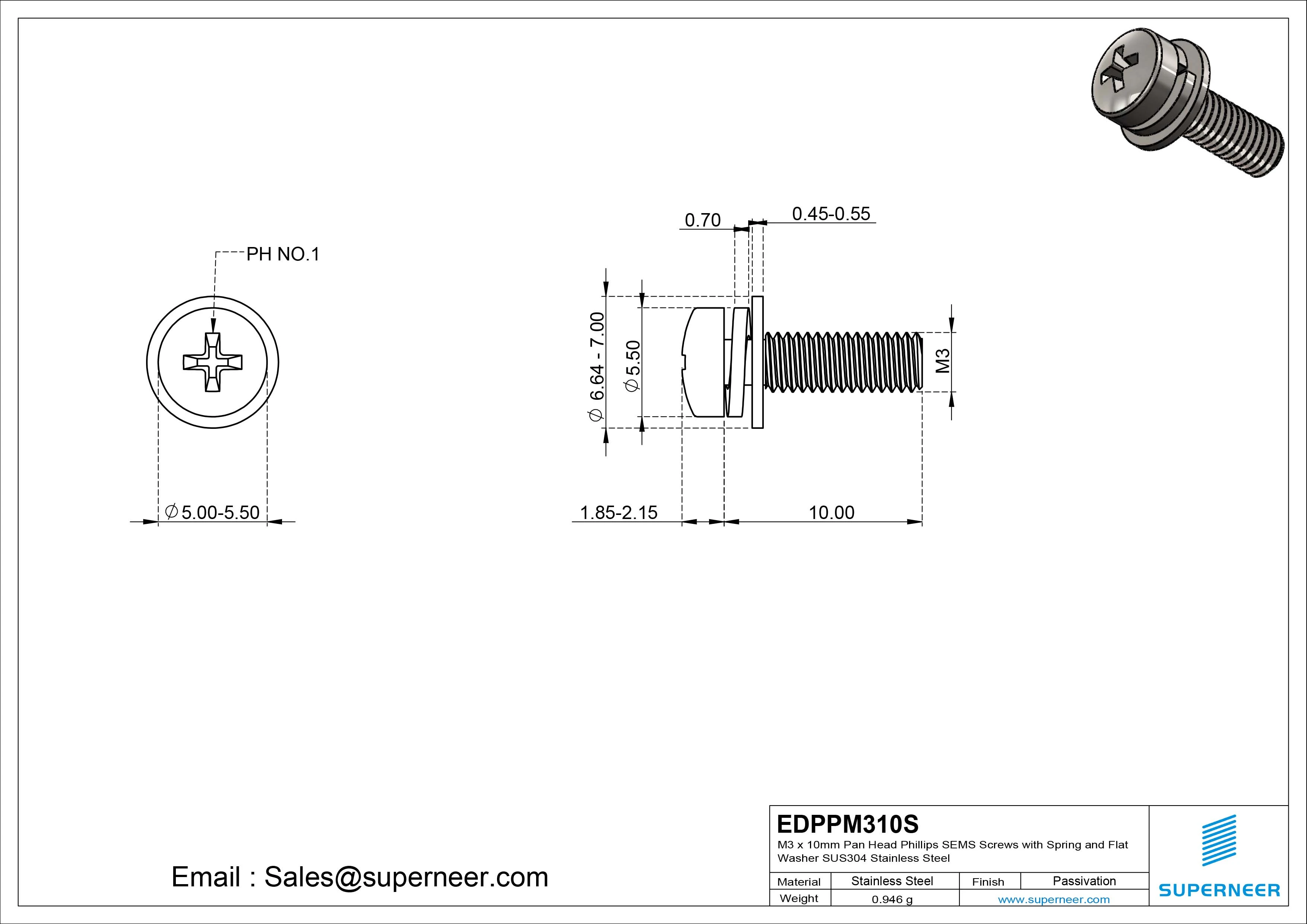 M3 x 10mm Pan Head Phillips SEMS Screws with Spring and Flat Washer SUS304 Stainless Steel Inox