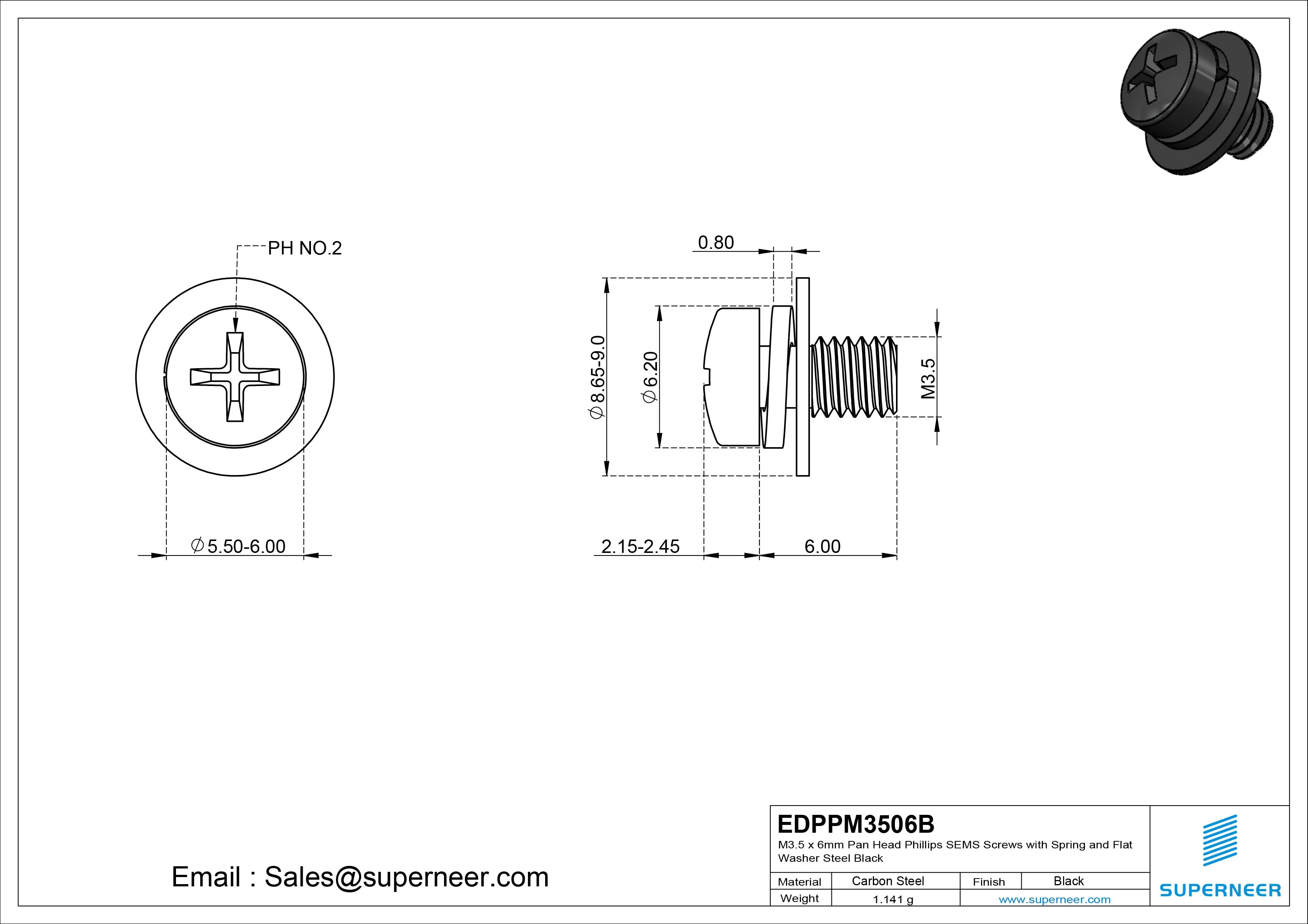 M3.5 x 6mm Pan Head Phillips SEMS Screws with Spring and Flat Washer Steel Black