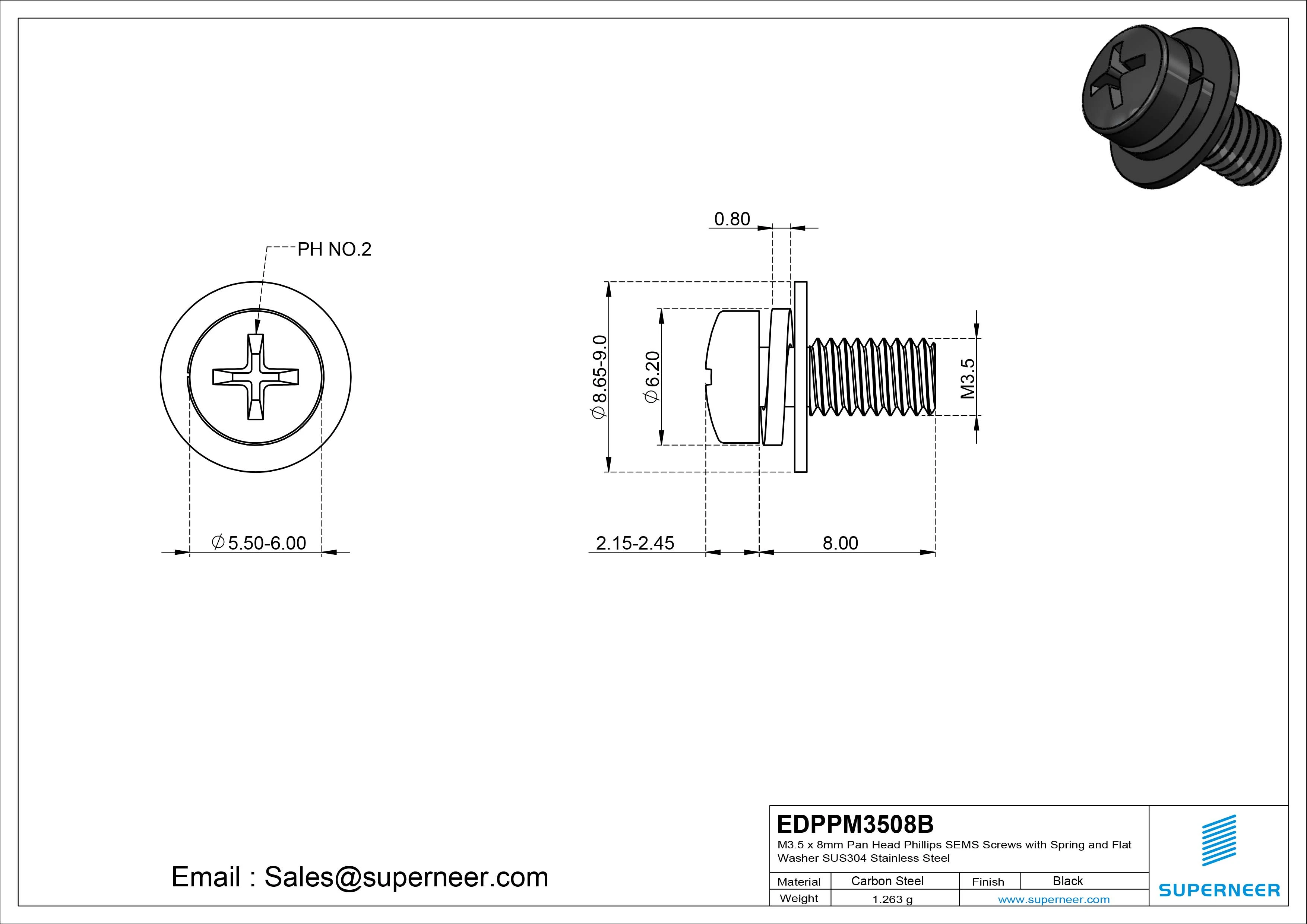 M3.5 x 8mm Pan Head Phillips SEMS Screws with Spring and Flat Washer Steel Black