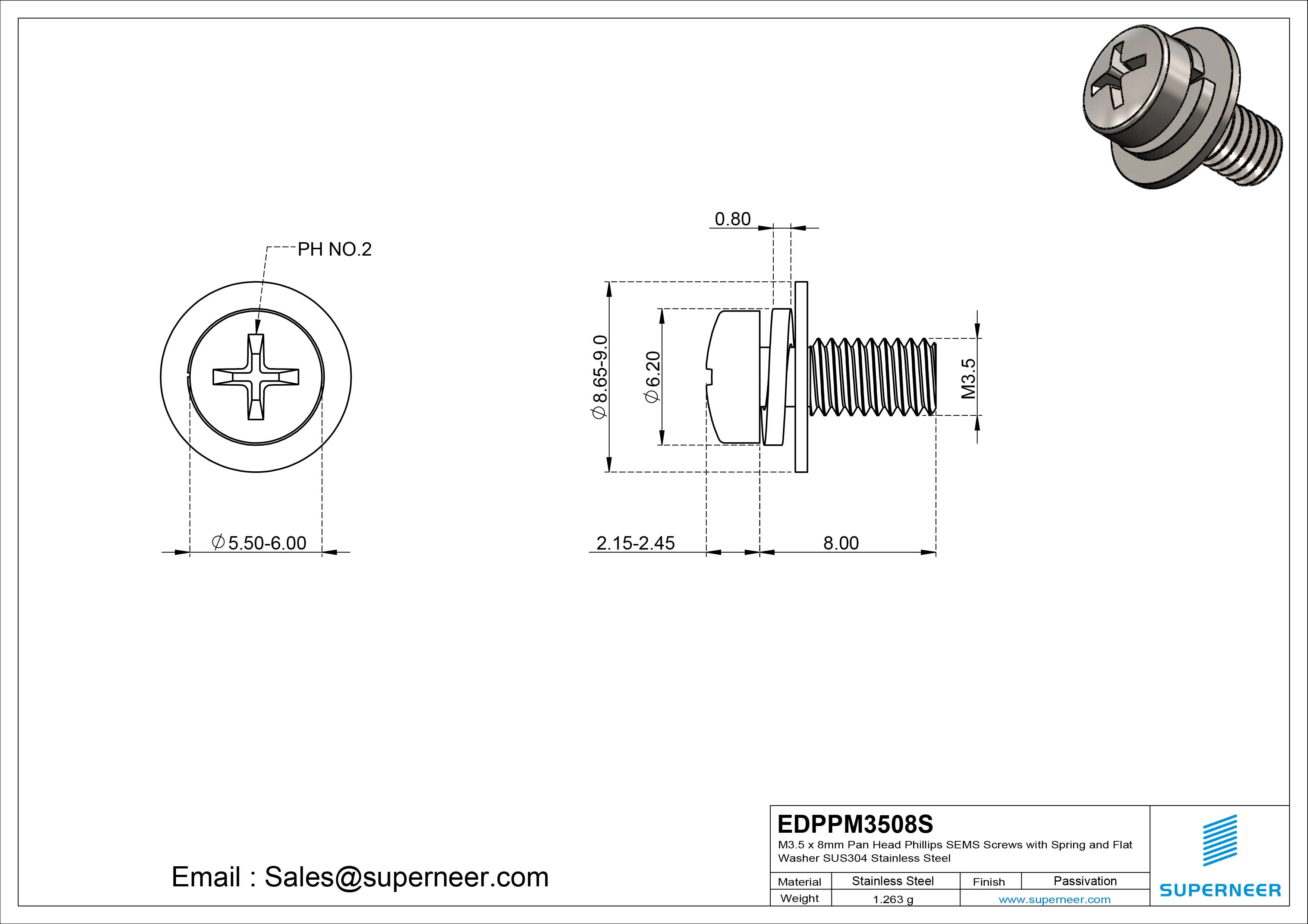 M3.5 x 8mm Pan Head Phillips SEMS Screws with Spring and Flat Washer SUS304 Stainless Steel Inox