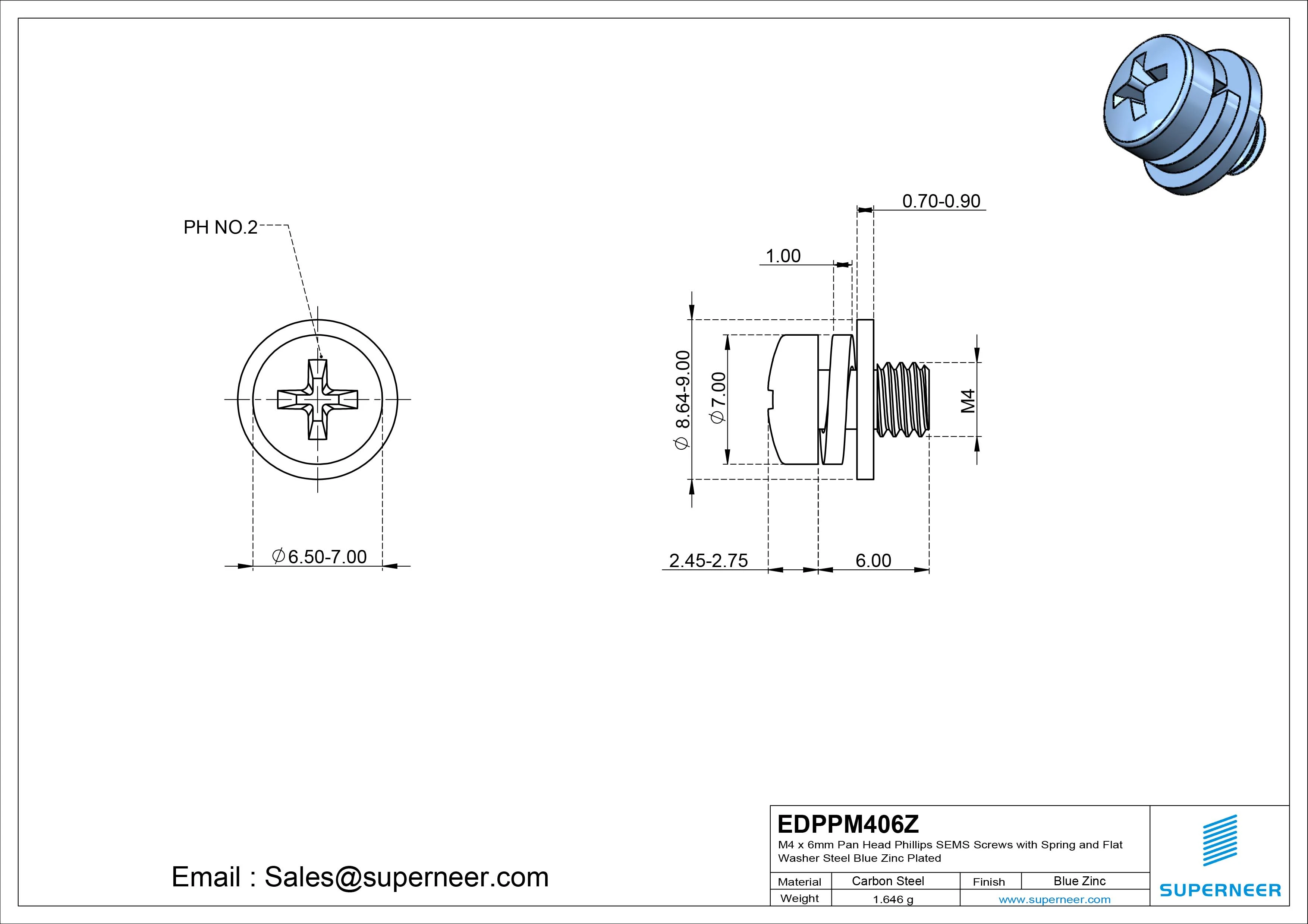 M4 x 6mm Pan Head Phillips SEMS Screws with Spring and Flat Washer Steel Blue Zinc Plated