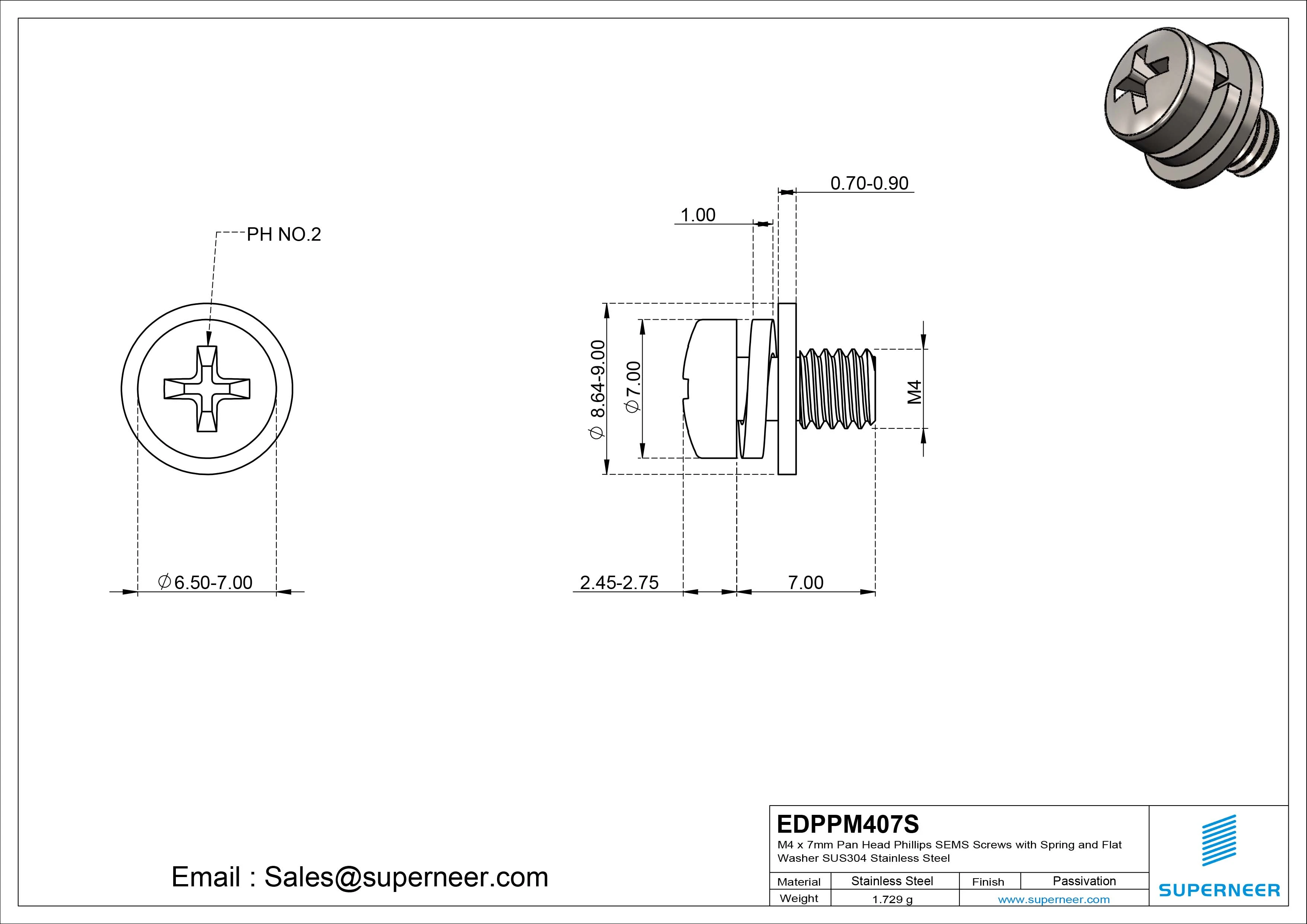 M4 x 7mm Pan Head Phillips SEMS Screws with Spring and Flat Washer SUS304 Stainless Steel Inox
