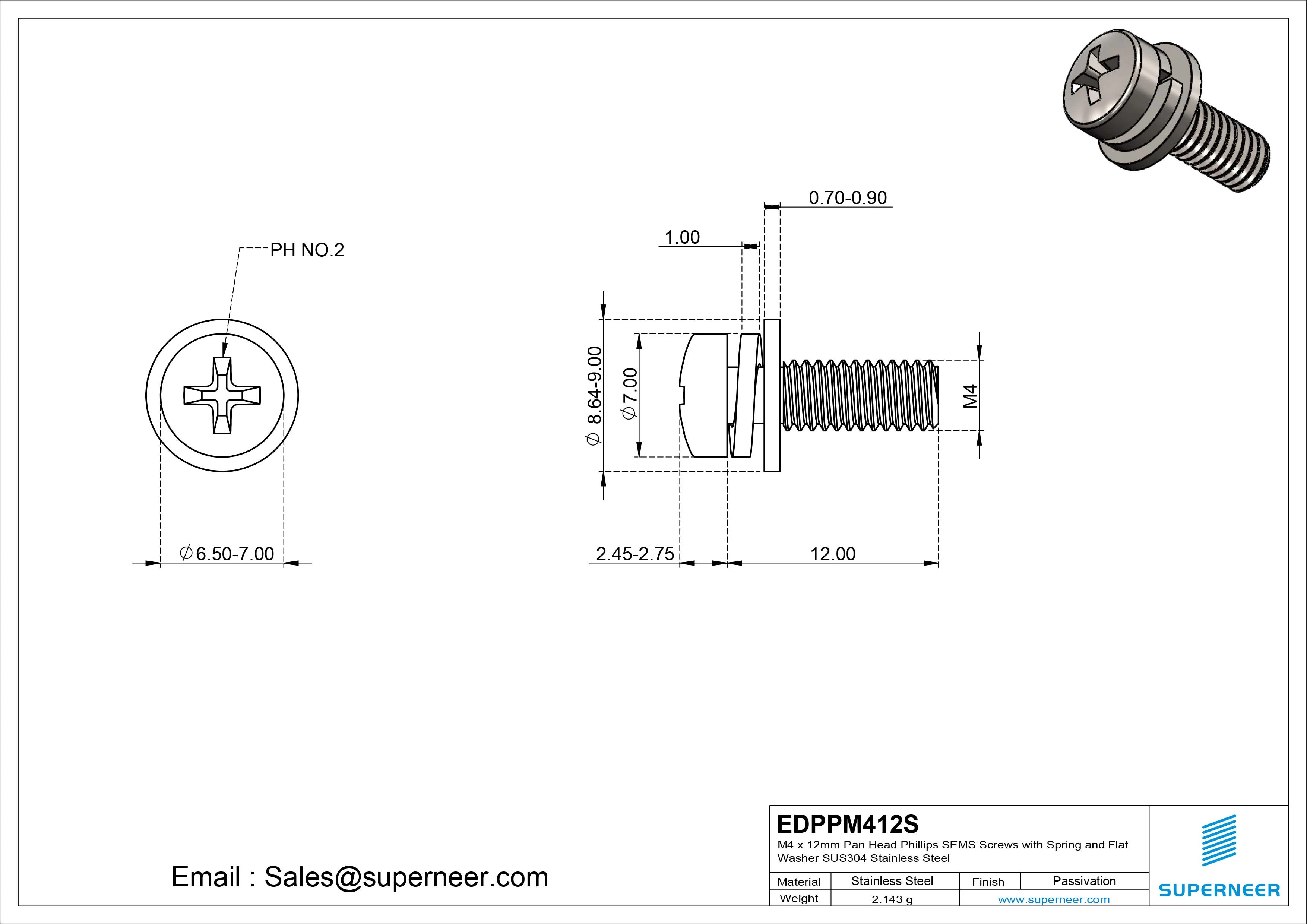 M4 x 12mm Pan Head Phillips SEMS Screws with Spring and Flat Washer SUS304 Stainless Steel Inox