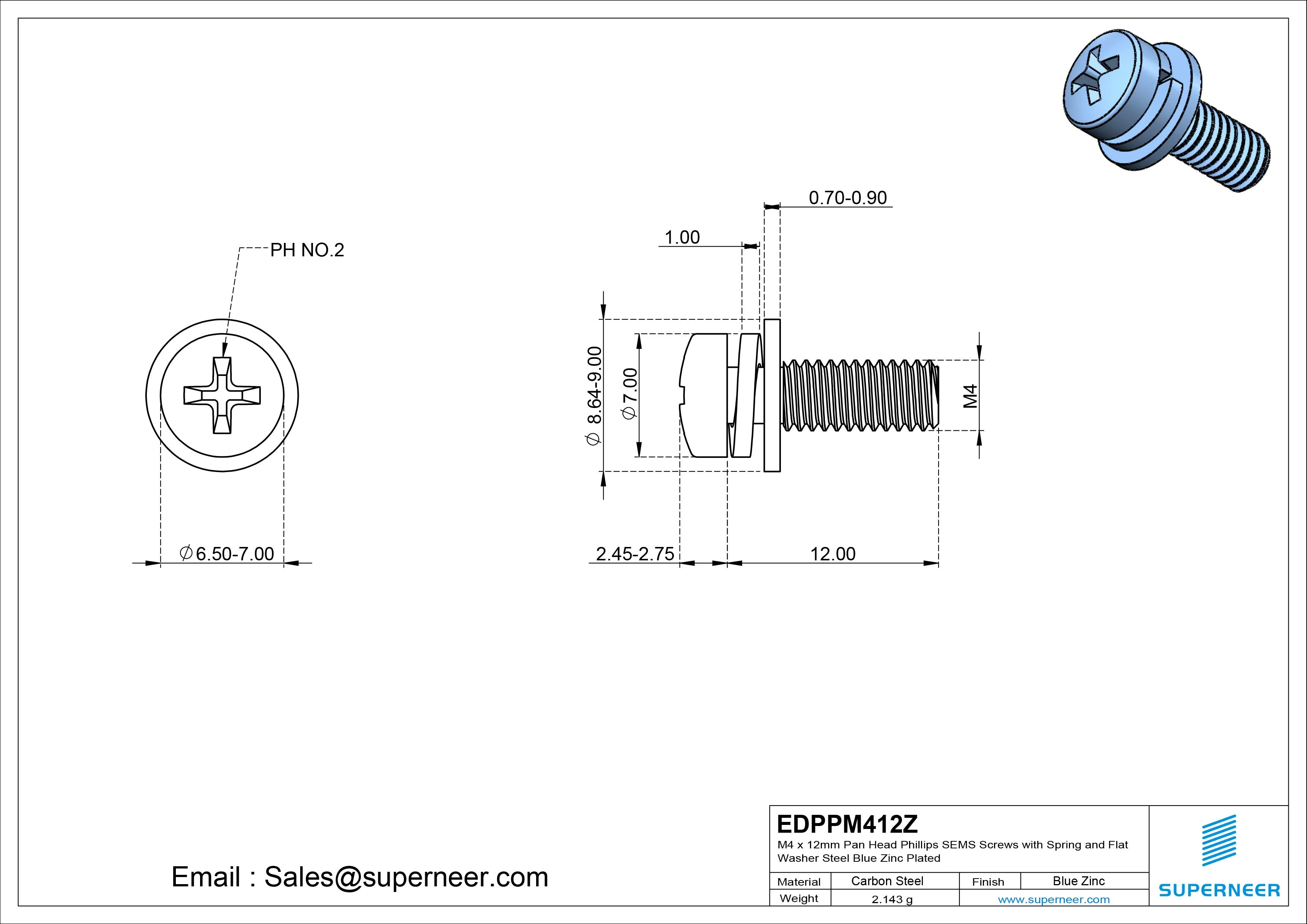 M4 x 12mm Pan Head Phillips SEMS Screws with Spring and Flat Washer Steel Blue Zinc Plated