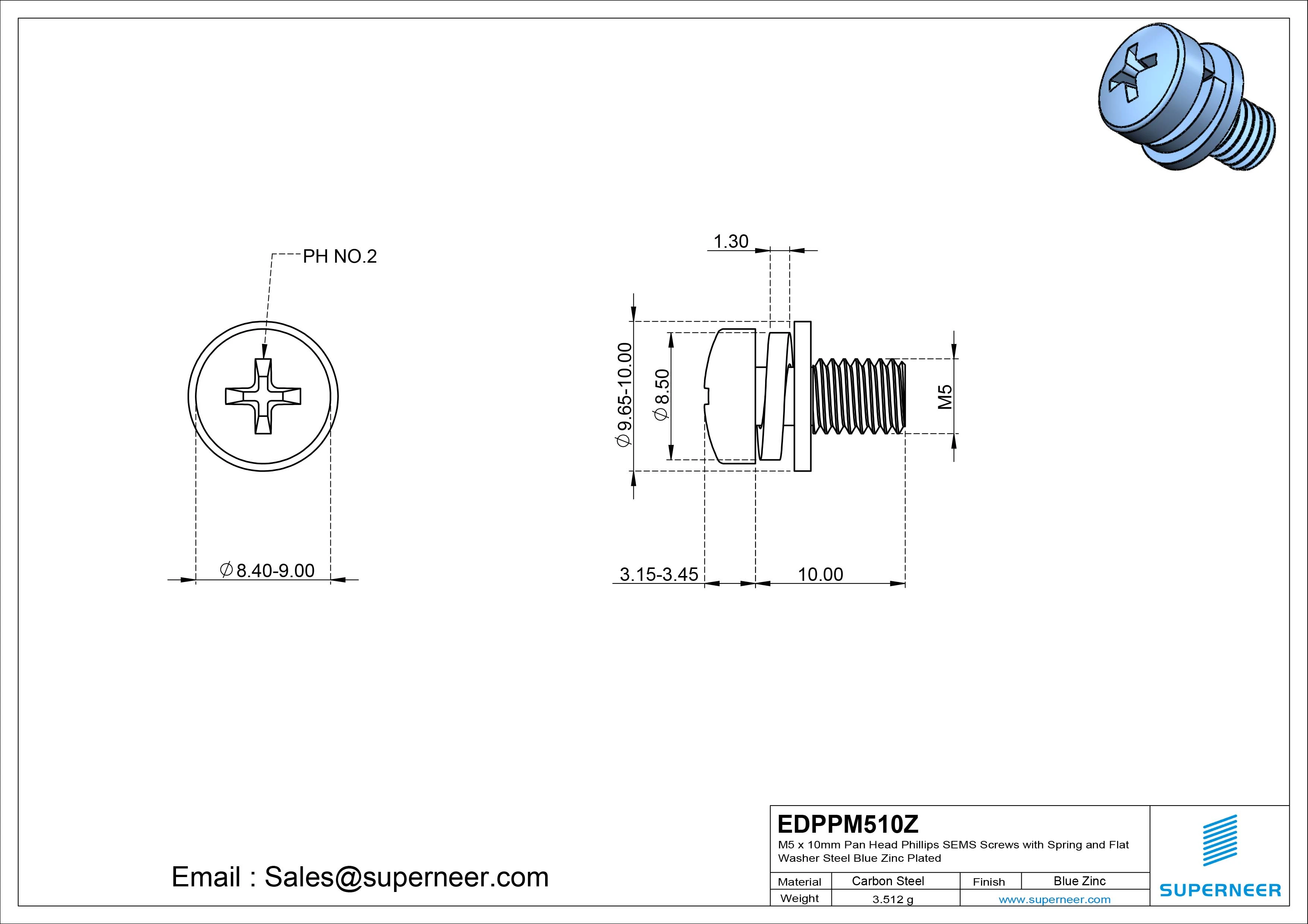 M5 x 10mm Pan Head Phillips SEMS Screws with Spring and Flat Washer Steel Blue Zinc Plated