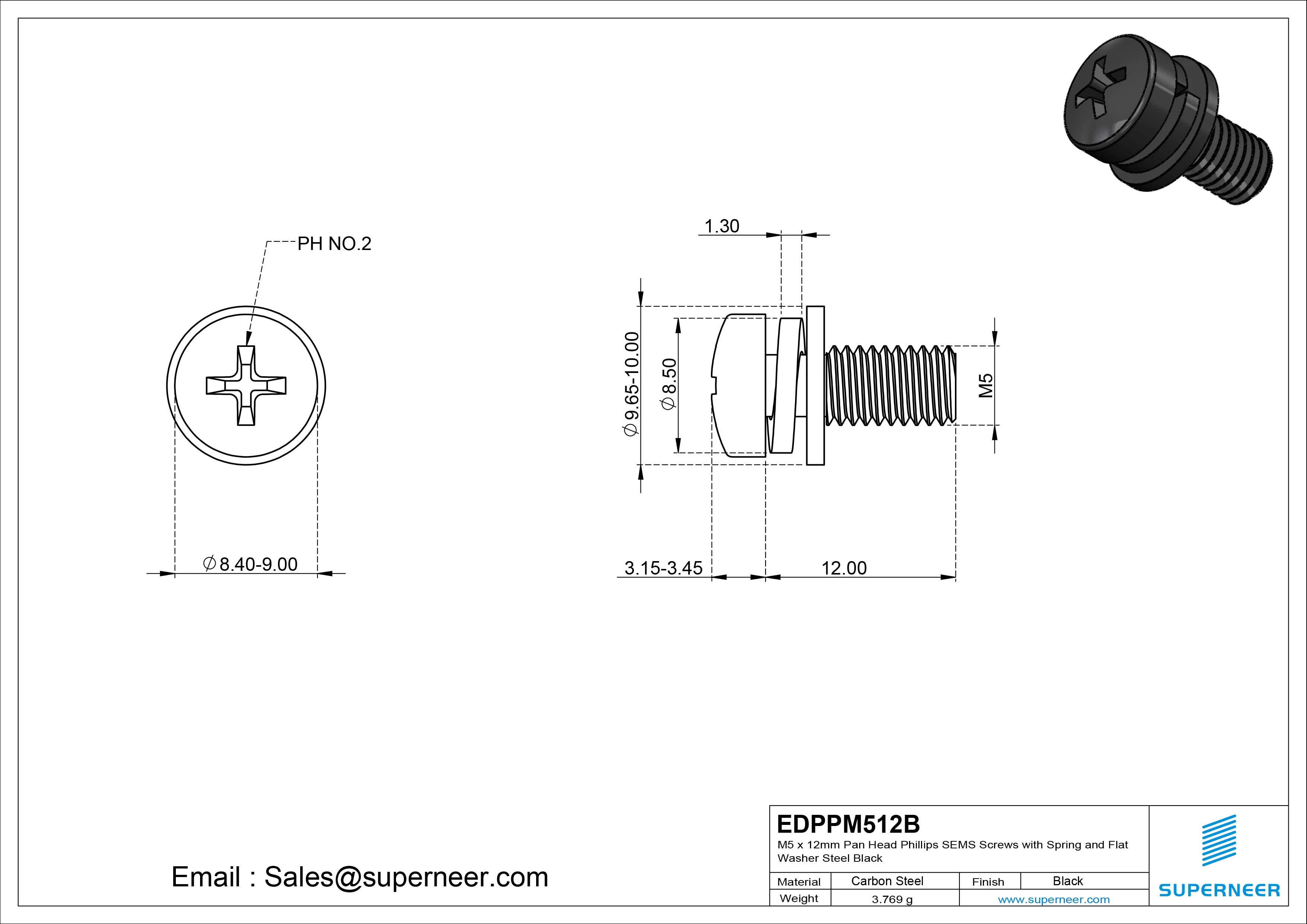 M5 x 12mm Pan Head Phillips SEMS Screws with Spring and Flat Washer Steel Black
