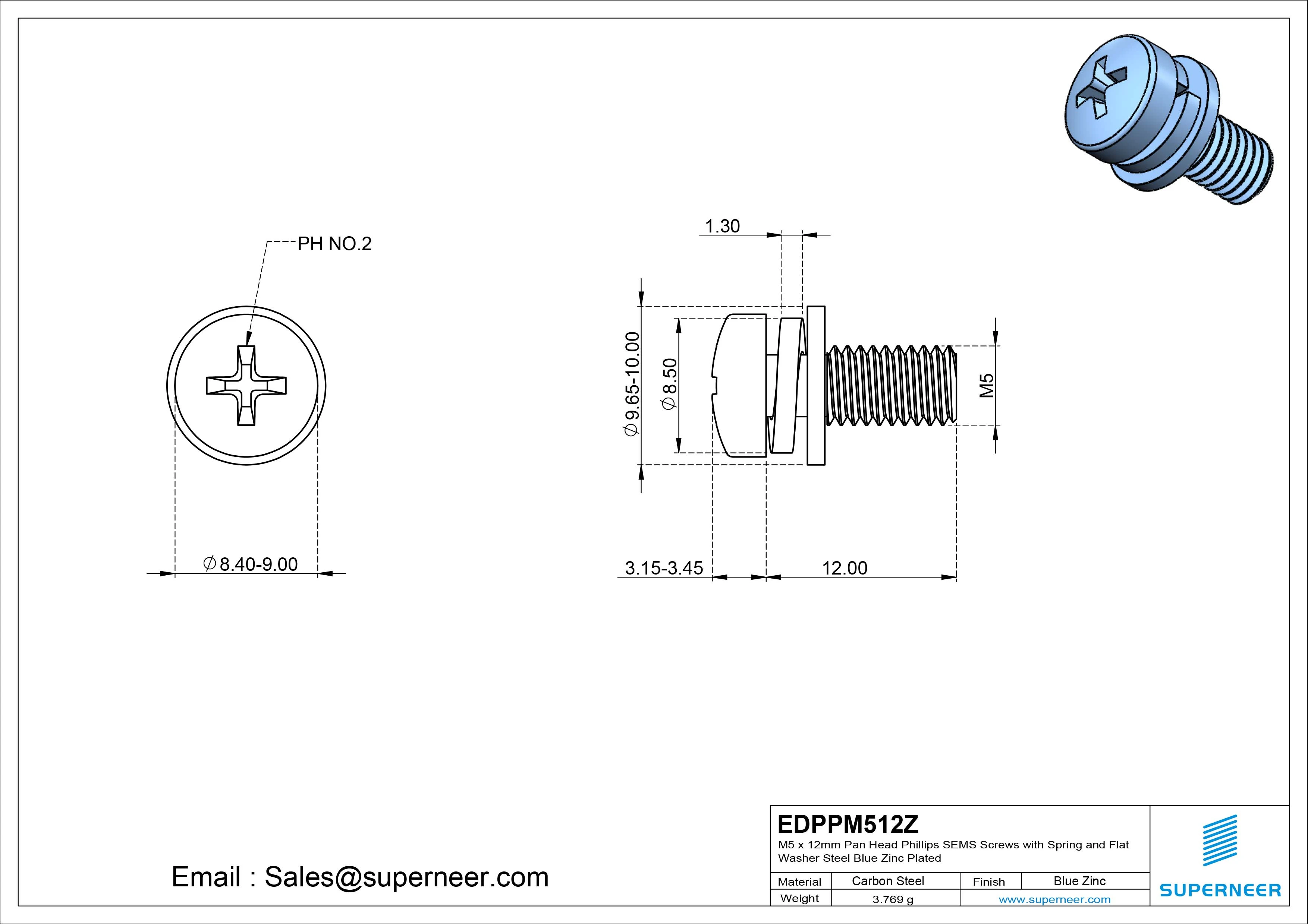 M5 x 12mm Pan Head Phillips SEMS Screws with Spring and Flat Washer Steel Blue Zinc Plated