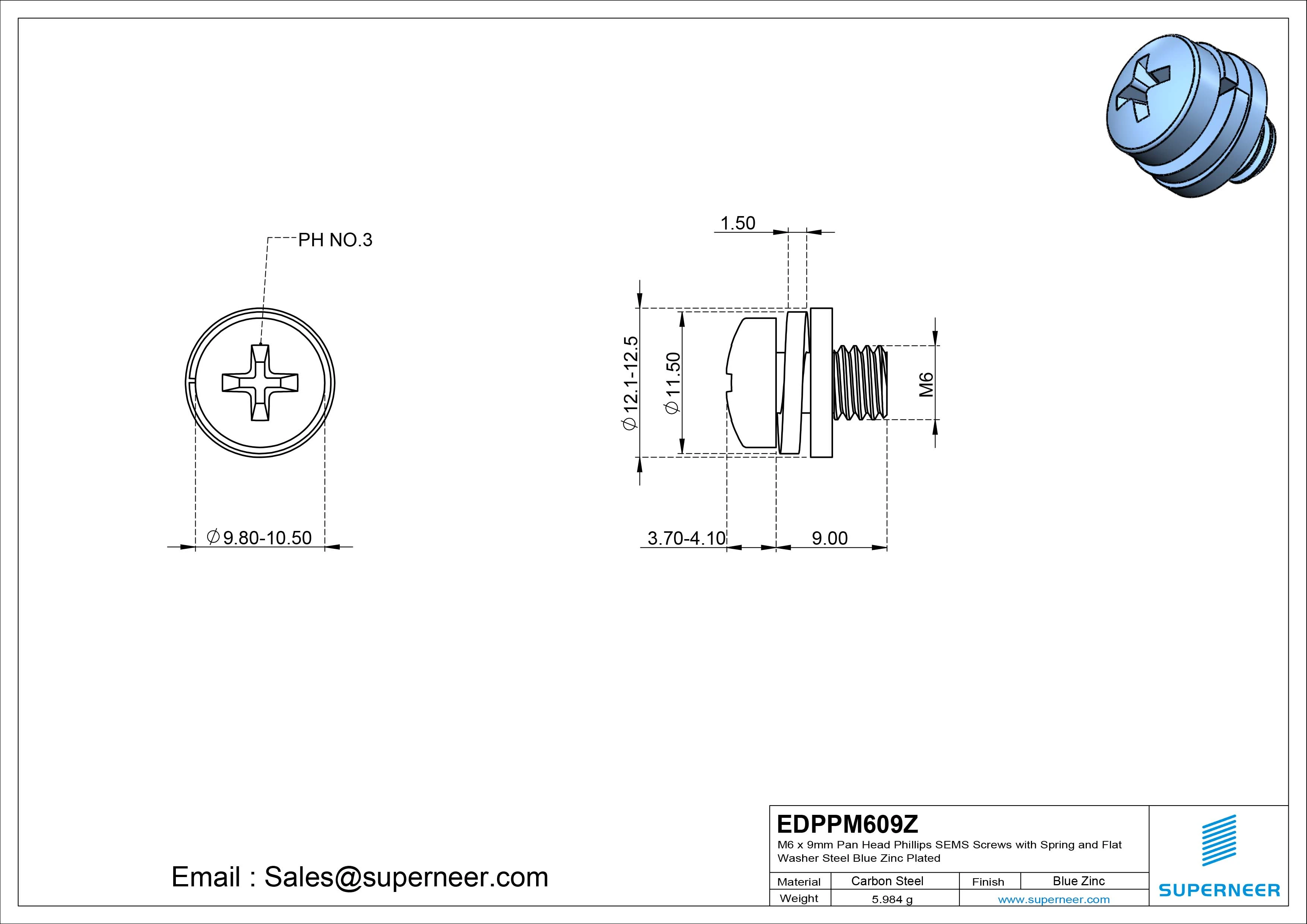 M6 x 9mm Pan Head Phillips SEMS Screws with Spring and Flat Washer Steel Blue Zinc Plated