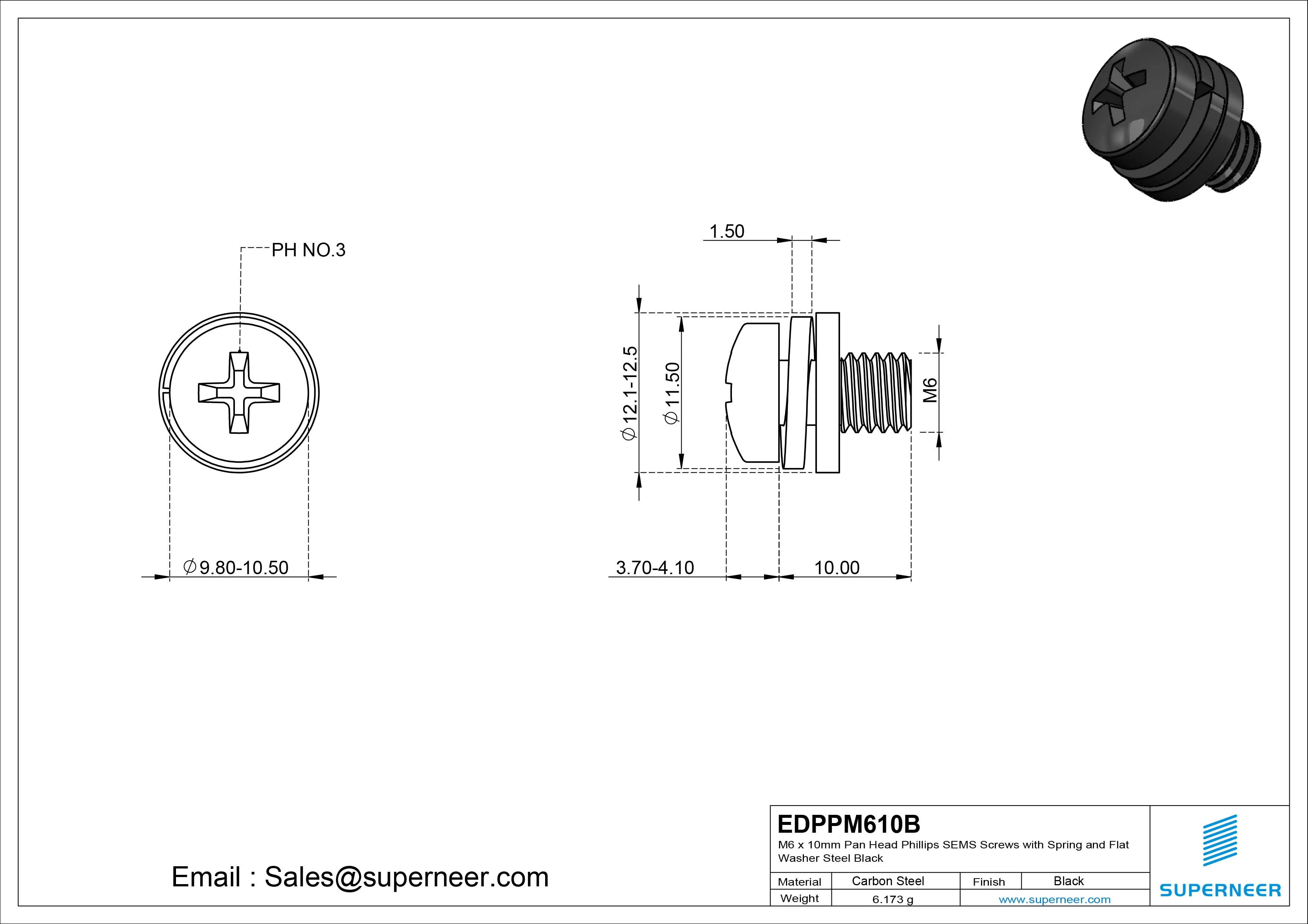 M6 x 10mm Pan Head Phillips SEMS Screws with Spring and Flat Washer Steel Black
