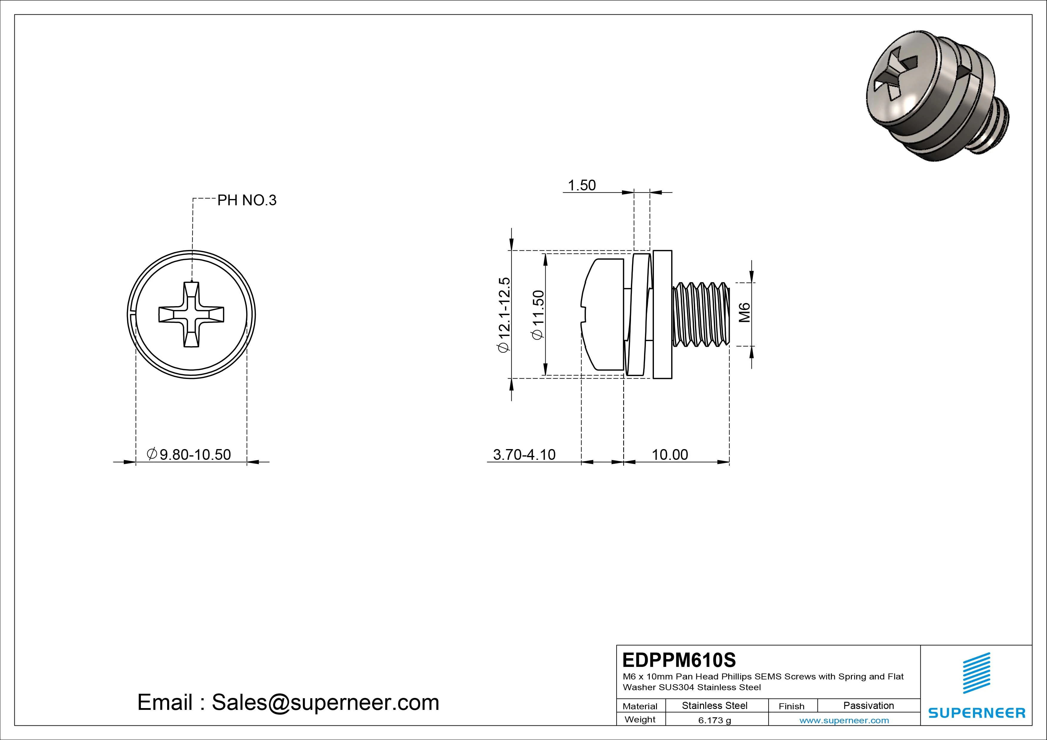 M6 x 10mm Pan Head Phillips SEMS Screws with Spring and Flat Washer SUS304 Stainless Steel Inox