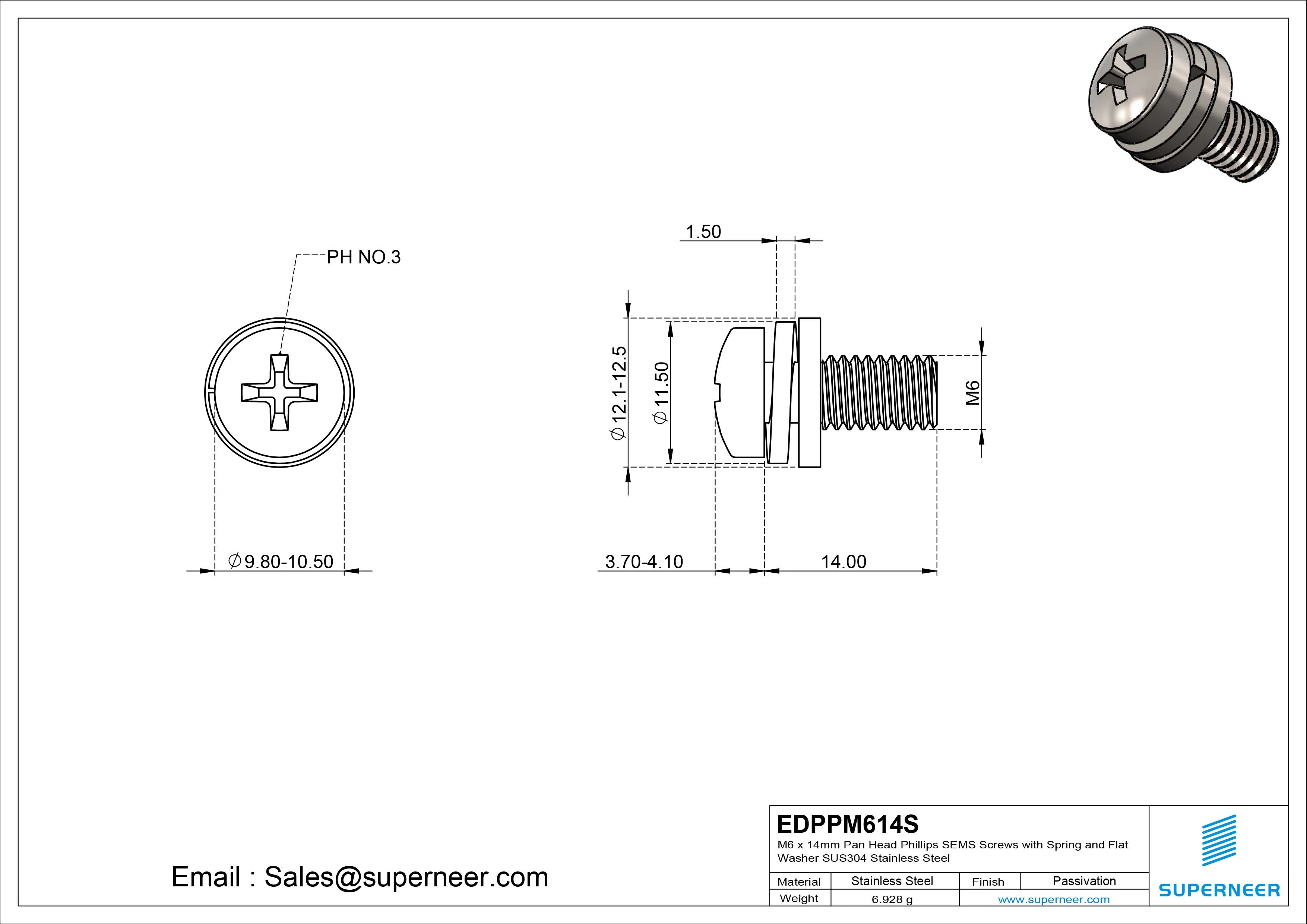 M6 x 14mm Pan Head Phillips SEMS Screws with Spring and Flat Washer SUS304 Stainless Steel Inox