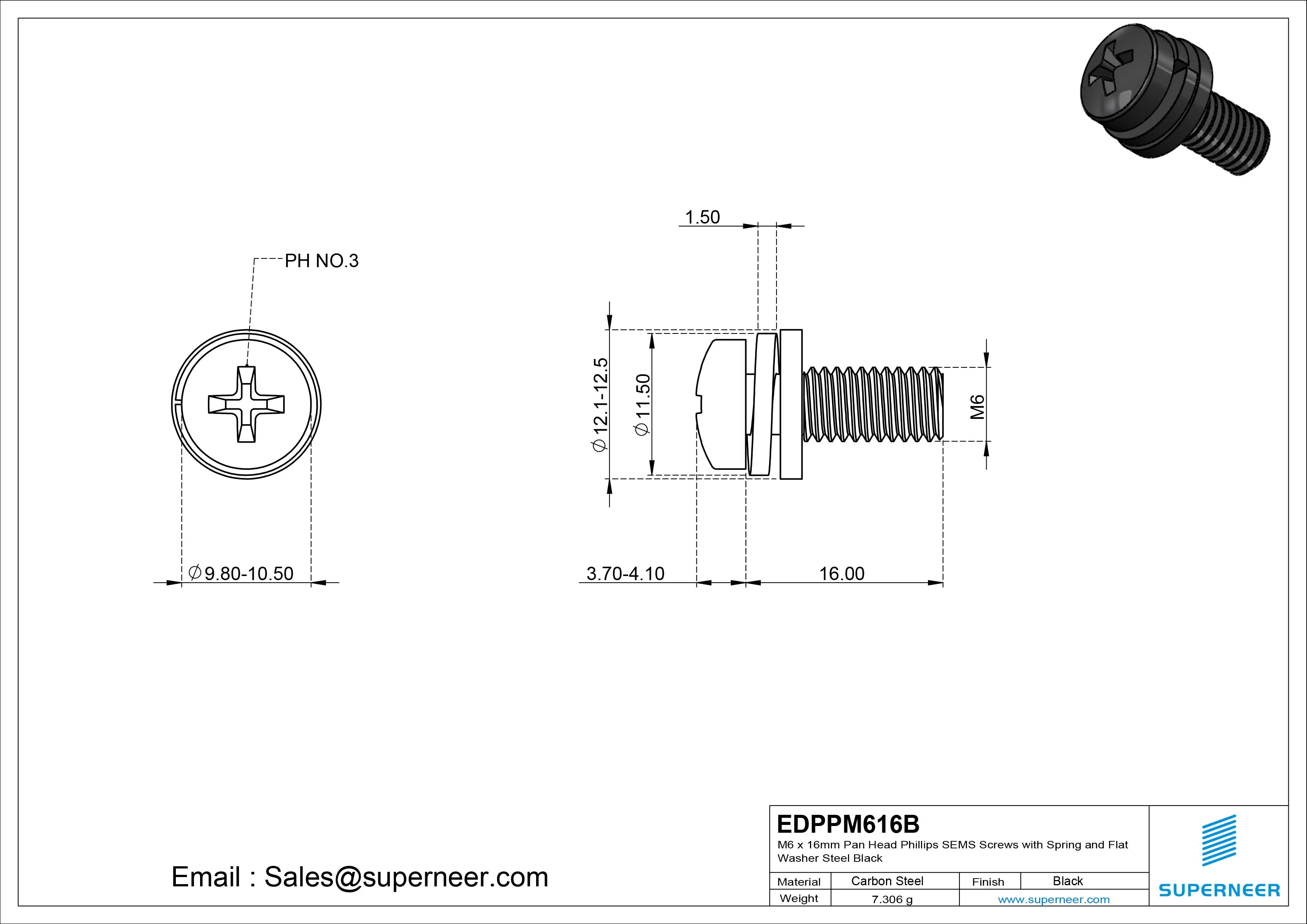 M6 x 16mm Pan Head Phillips SEMS Screws with Spring and Flat Washer Steel Black