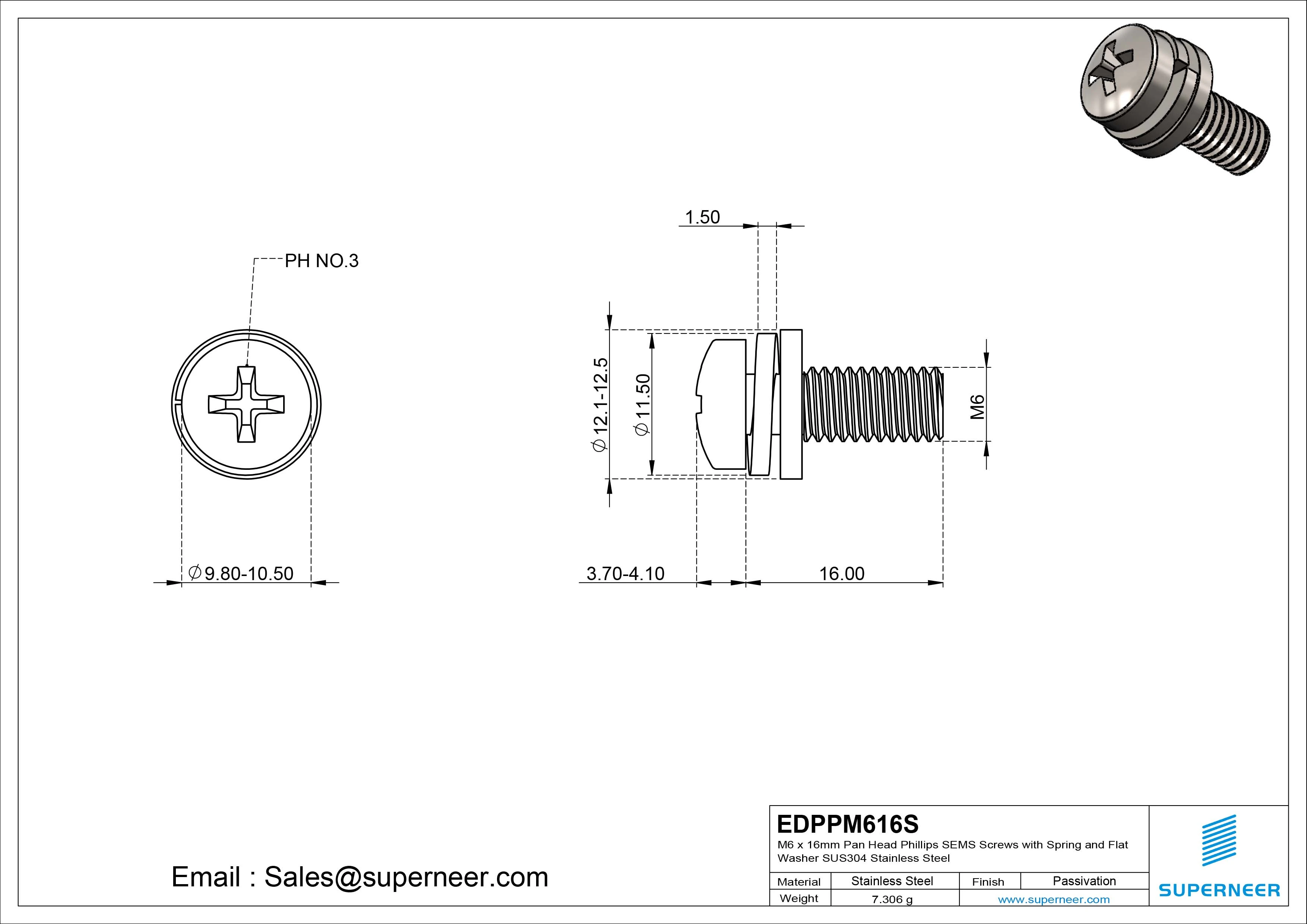 M6 x 16mm Pan Head Phillips SEMS Screws with Spring and Flat Washer SUS304 Stainless Steel Inox