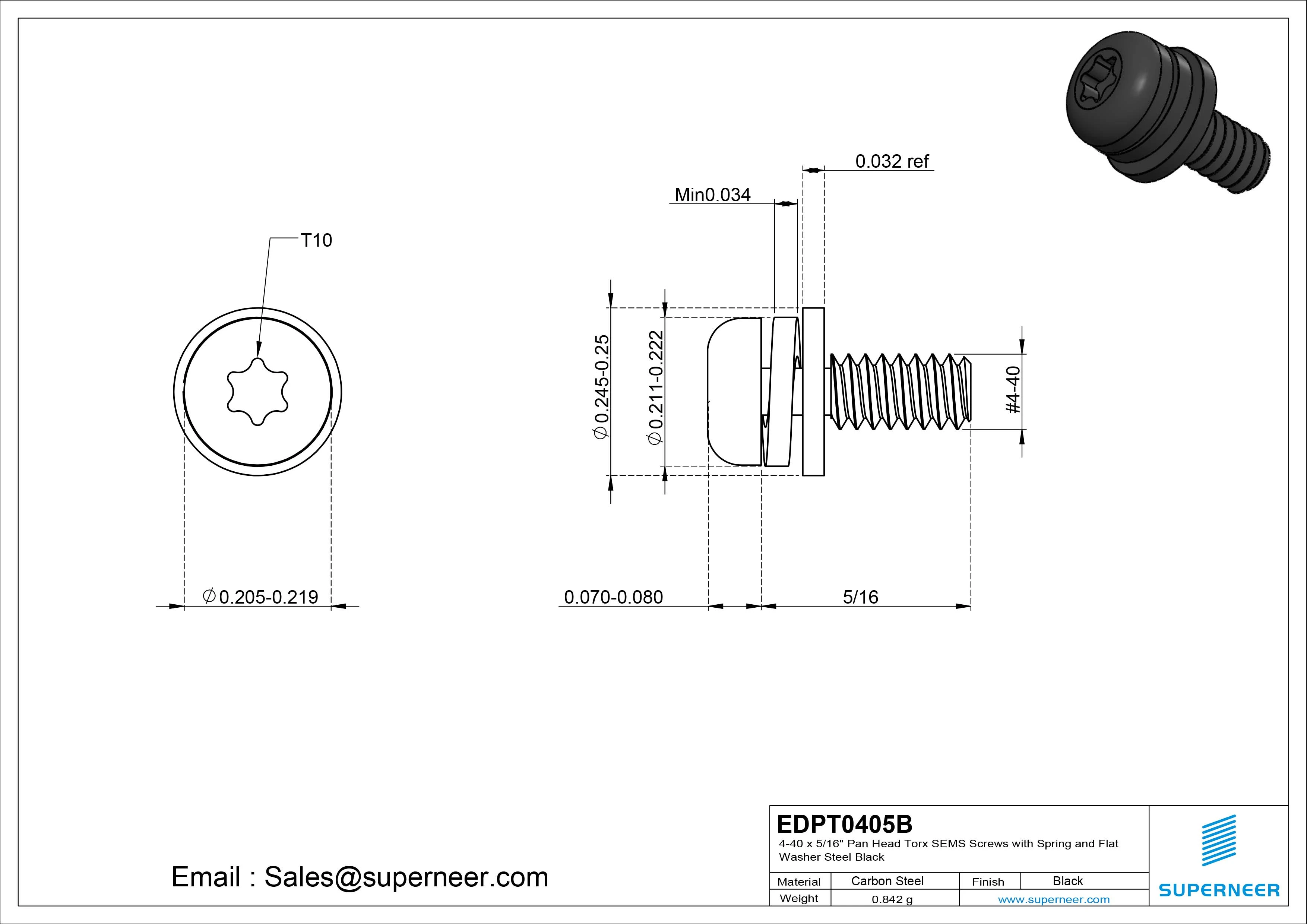 4-40 x 5/16" Pan Head Torx SEMS Screws with Spring and Flat Washer Steel Black