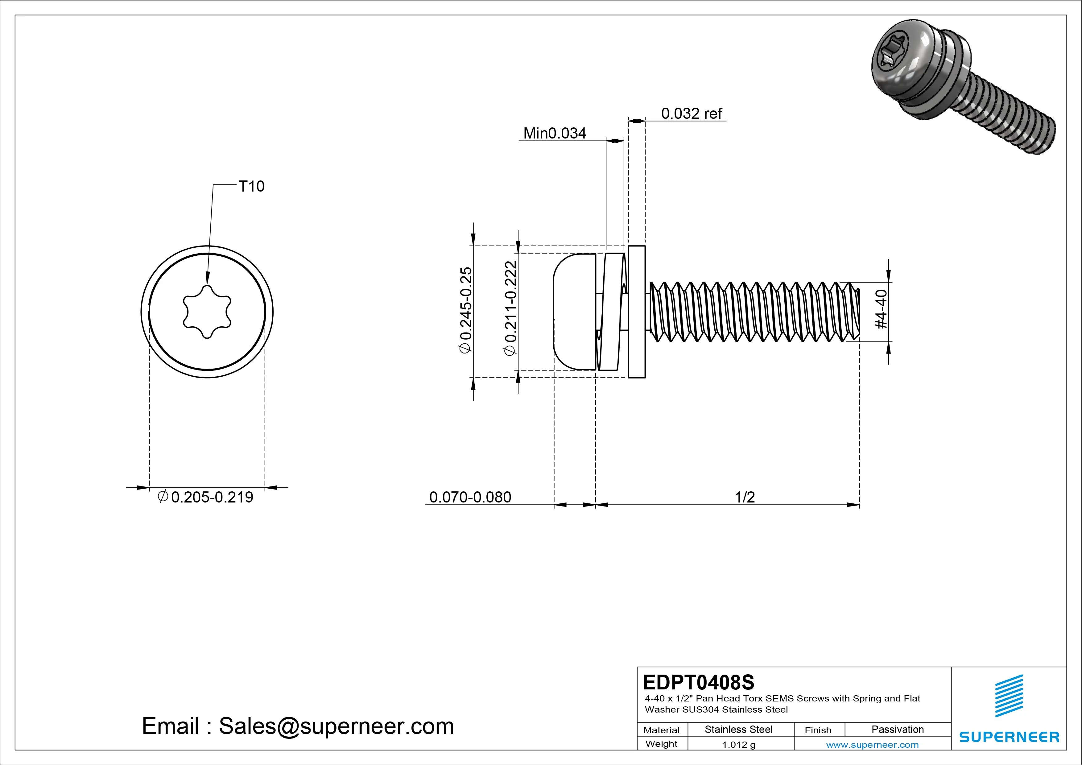 4-40 x 1/2" Pan Head Torx SEMS Screws with Spring and Flat Washer SUS304 Stainless Steel Inox