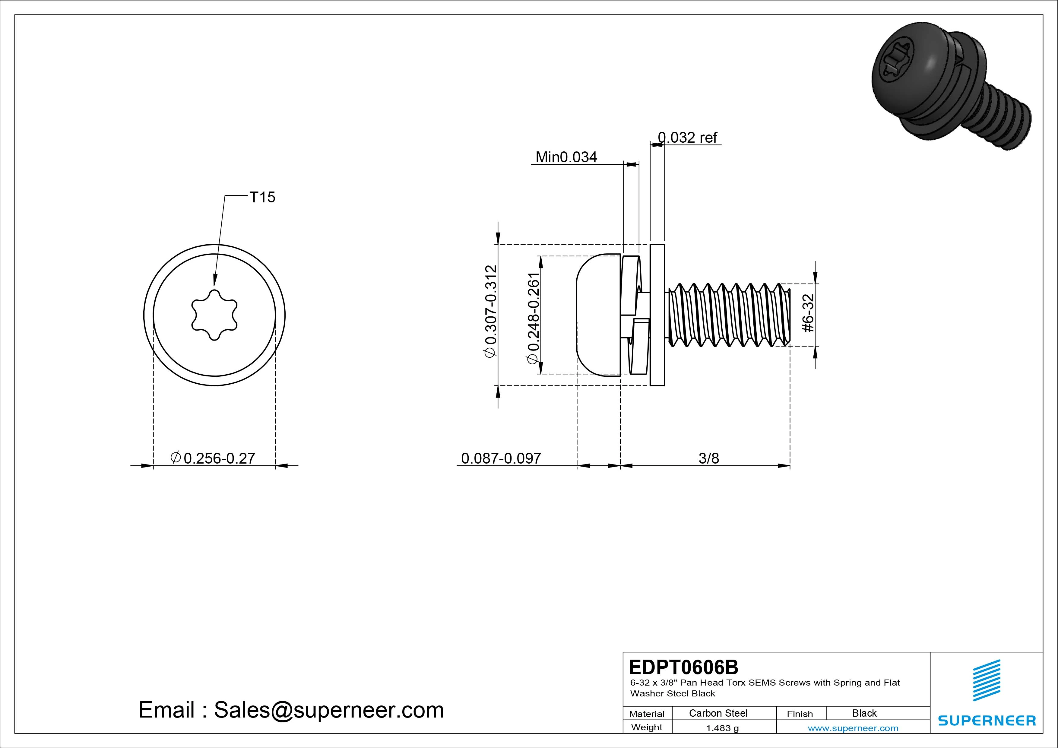 6-32 x 3/8" Pan Head Torx SEMS Screws with Spring and Flat Washer Steel Black