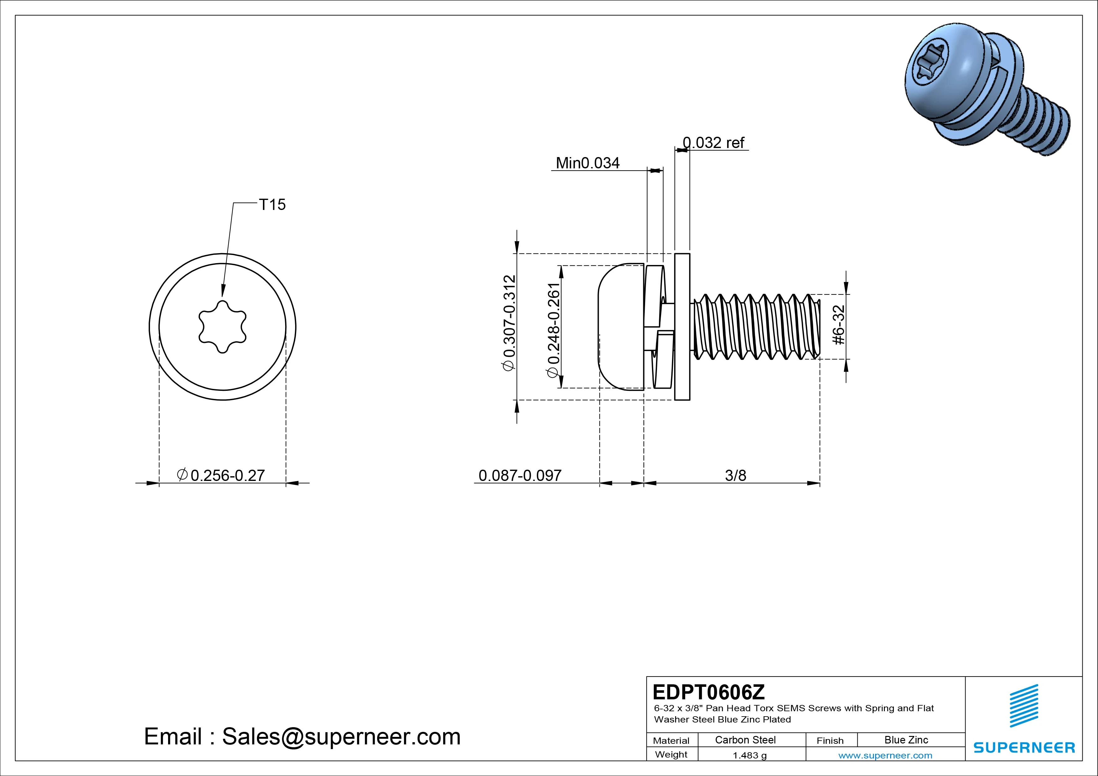 6-32 x 3/8" Pan Head Torx SEMS Screws with Spring and Flat Washer Steel Blue Zinc Plated