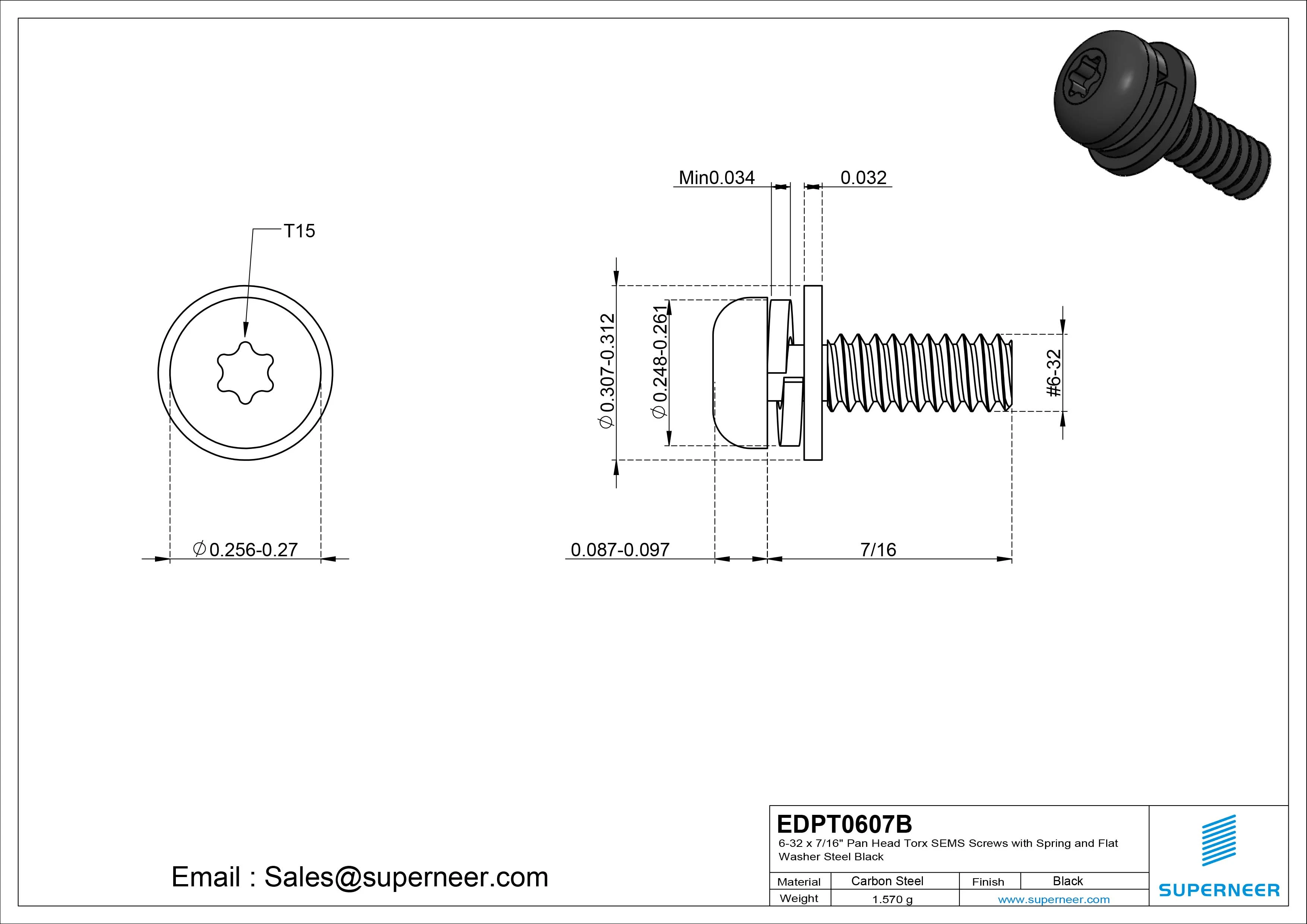 6-32 x 7/16" Pan Head Torx SEMS Screws with Spring and Flat Washer Steel Black