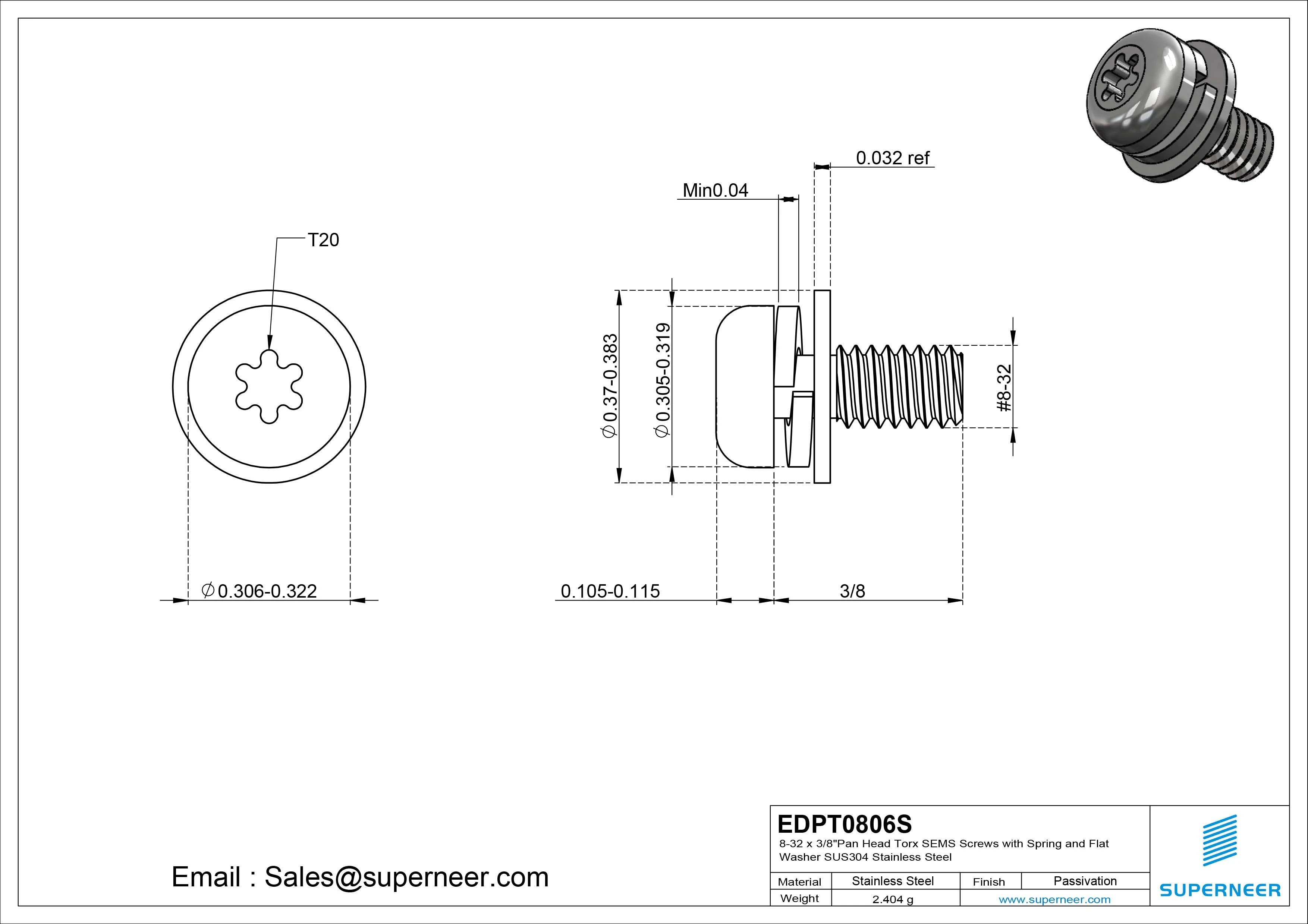 8-32 x 3/8" Pan Head Torx SEMS Screws with Spring and Flat Washer SUS304 Stainless Steel Inox