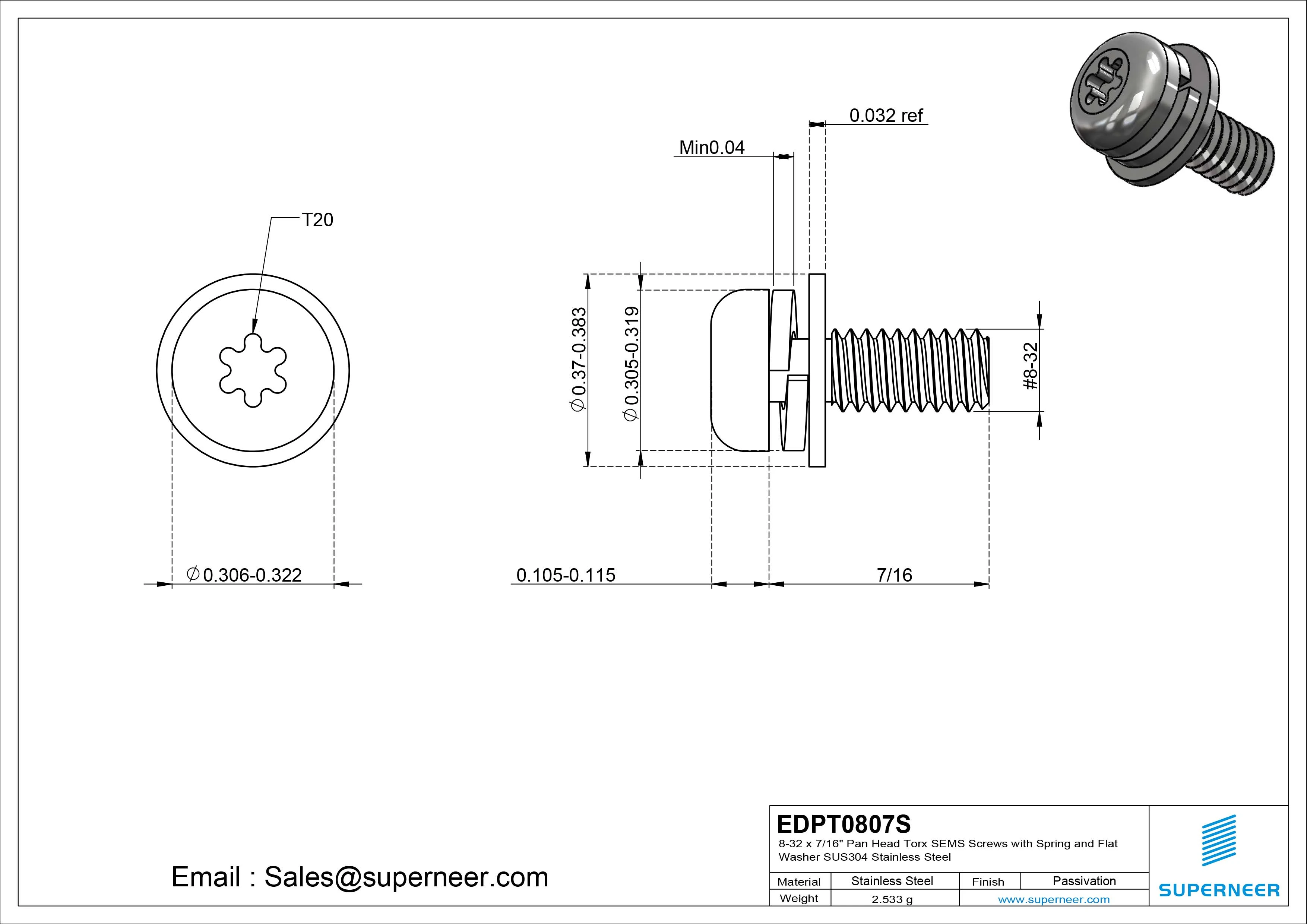 8-32 x 7/16" Pan Head Torx SEMS Screws with Spring and Flat Washer SUS304 Stainless Steel Inox