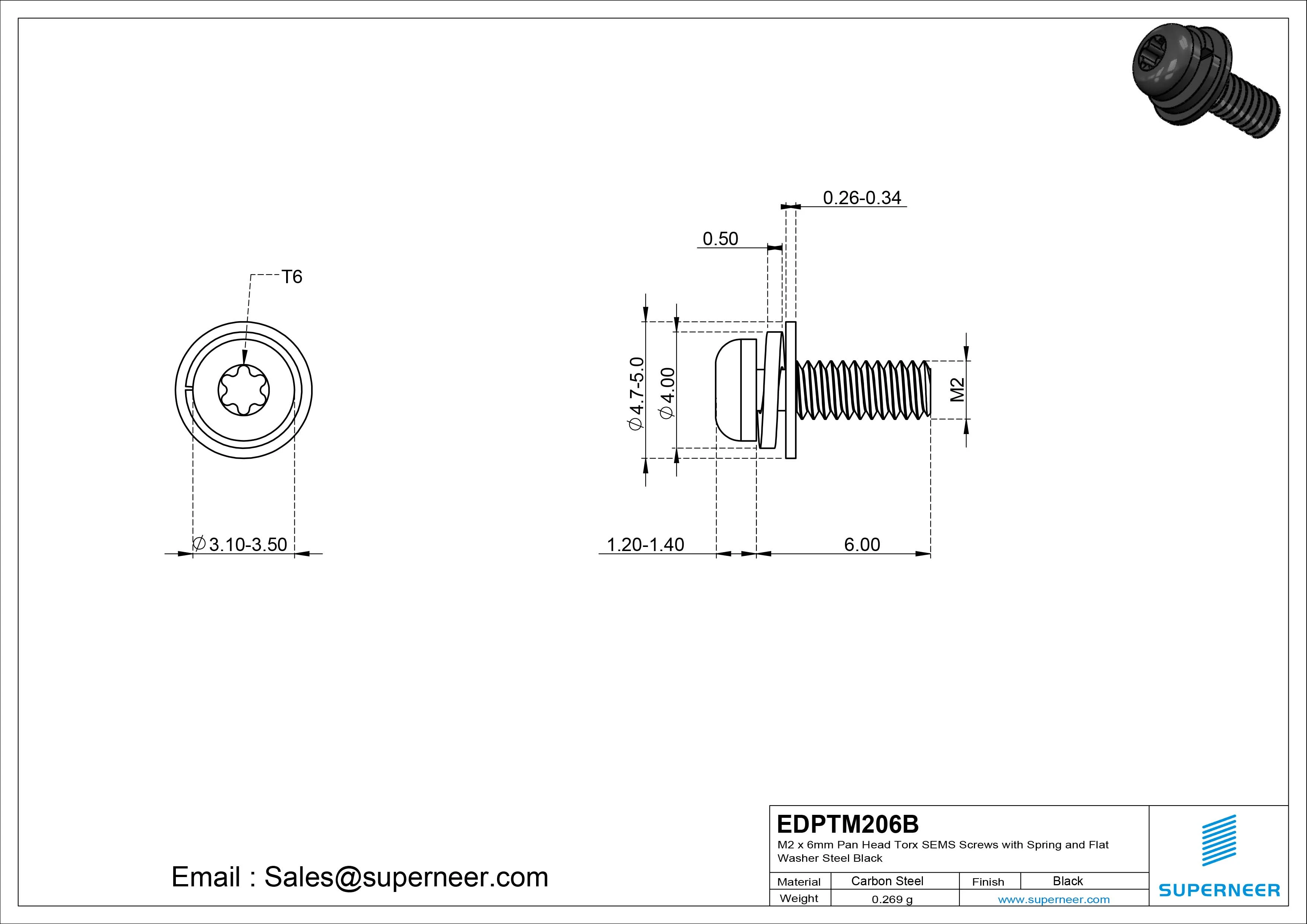 M2 x 6mm Pan Head Torx SEMS Screws with Spring and Flat Washer Steel Black