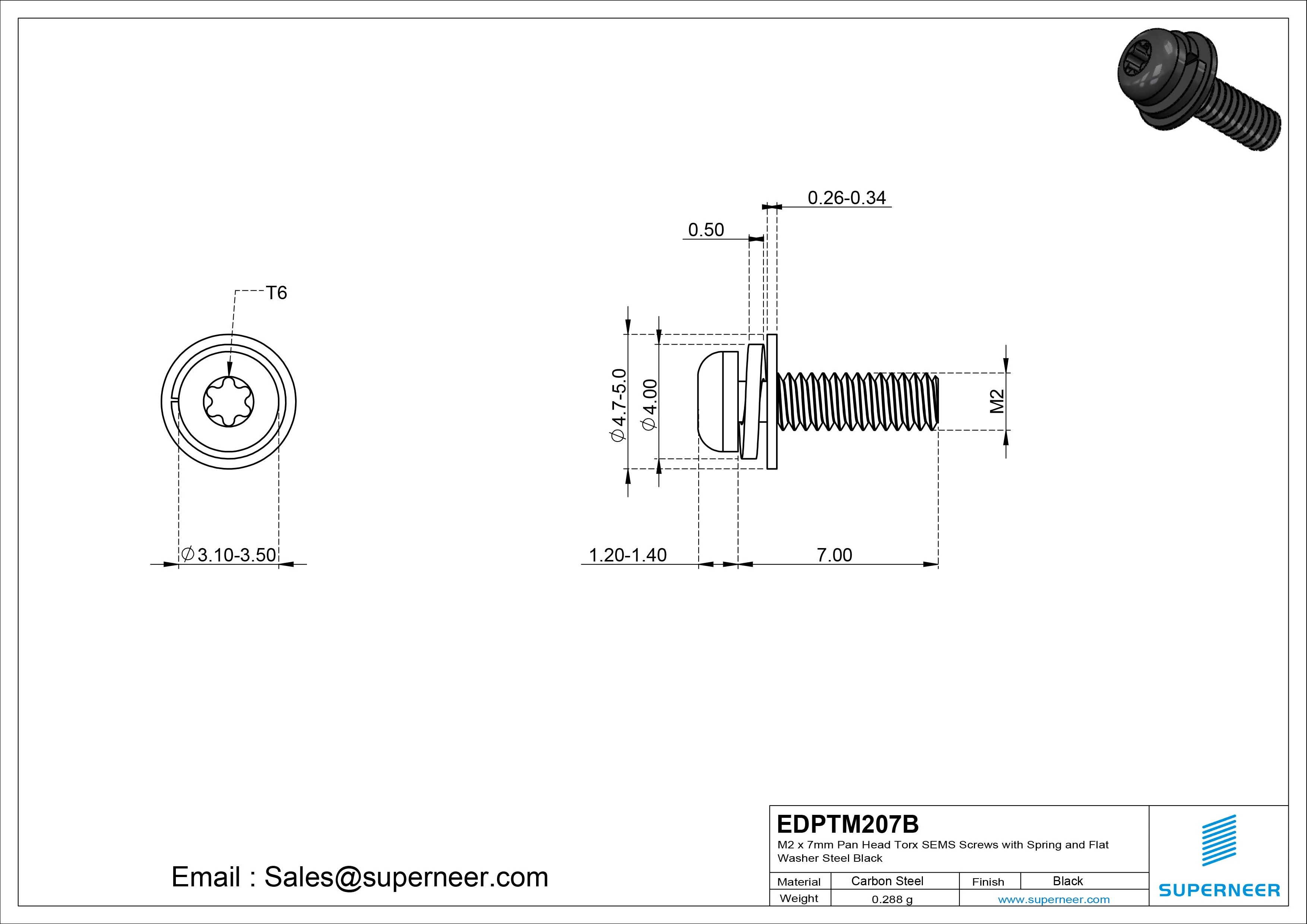 M2 x 7mm Pan Head Torx SEMS Screws with Spring and Flat Washer Steel Black