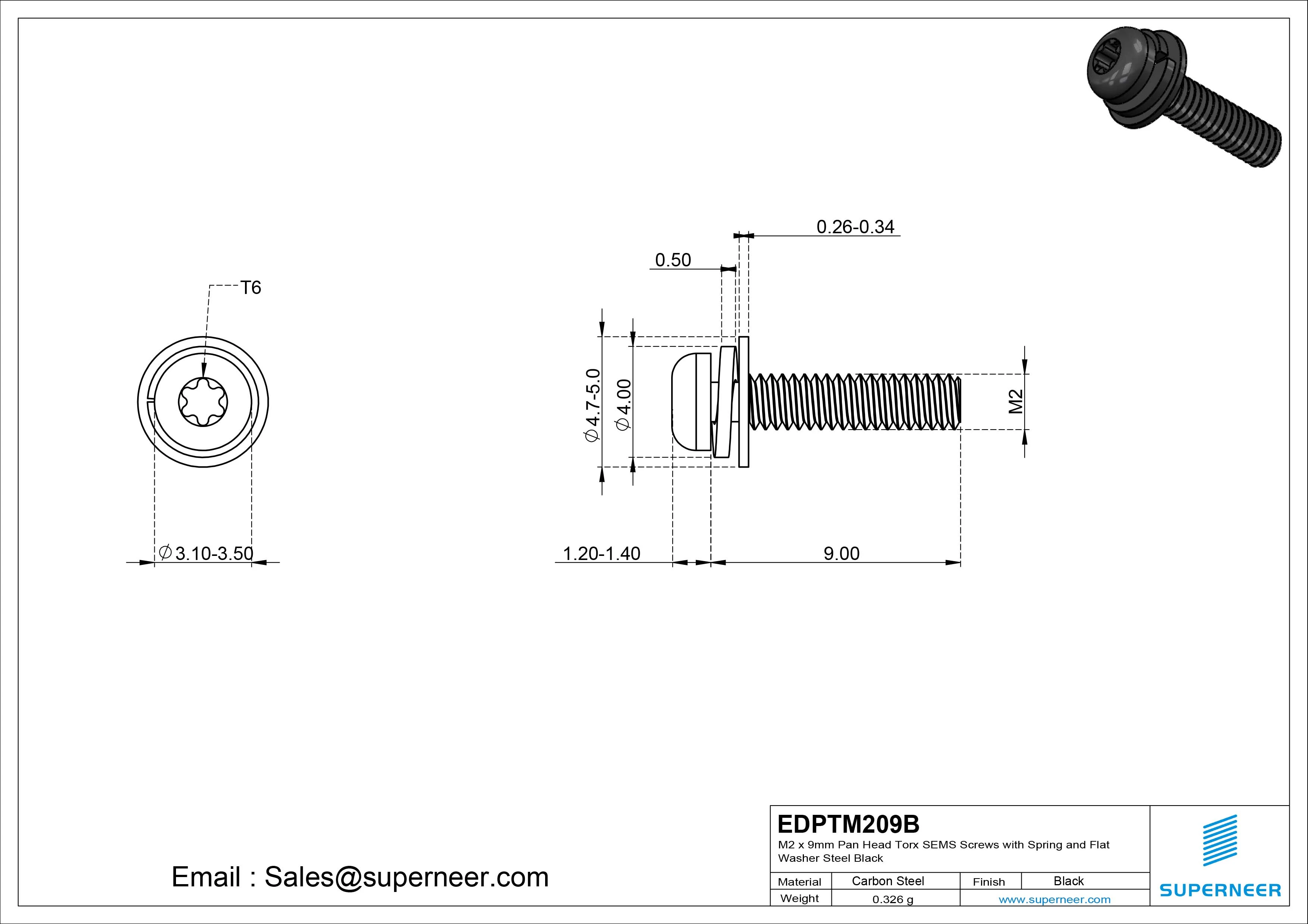 M2 x 9mm Pan Head Torx SEMS Screws with Spring and Flat Washer Steel Black