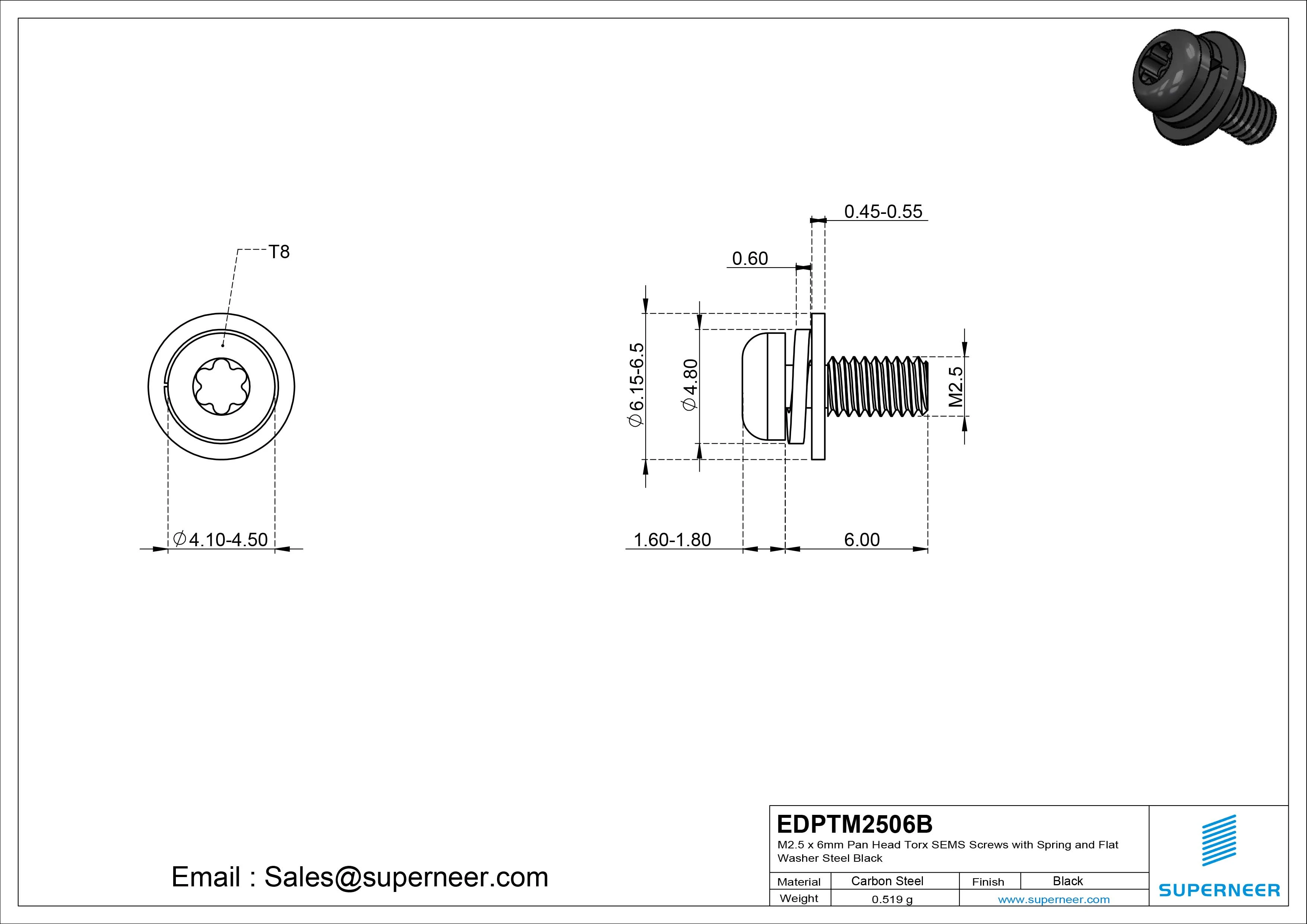 M2.5 x 6mm Pan Head Torx SEMS Screws with Spring and Flat Washer Steel Black
