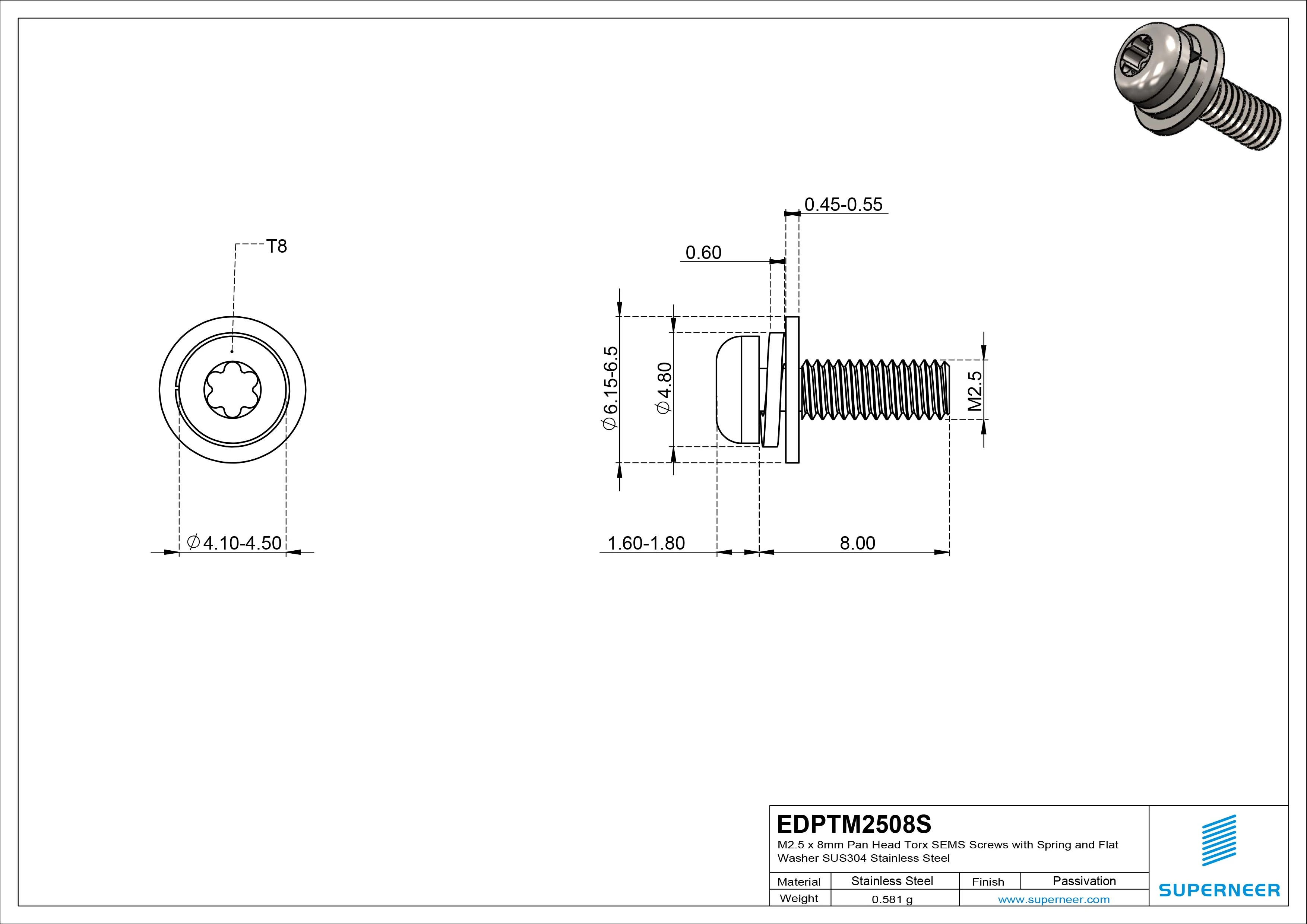 M2.5 x 8mm Pan Head Torx SEMS Screws with Spring and Flat Washer SUS304 Stainless Steel Inox