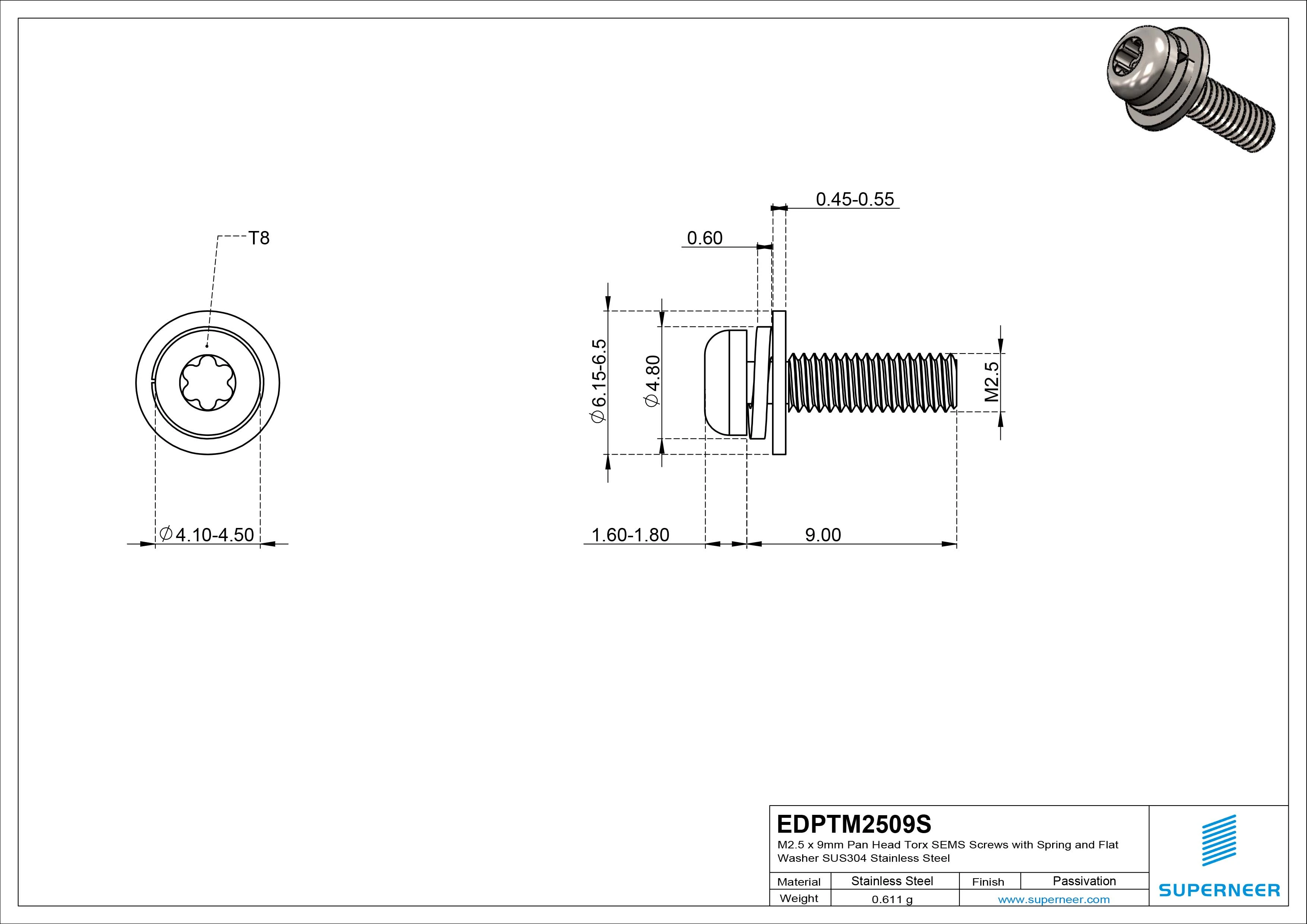 M2.5 x 9mm Pan Head Torx SEMS Screws with Spring and Flat Washer SUS304 Stainless Steel Inox