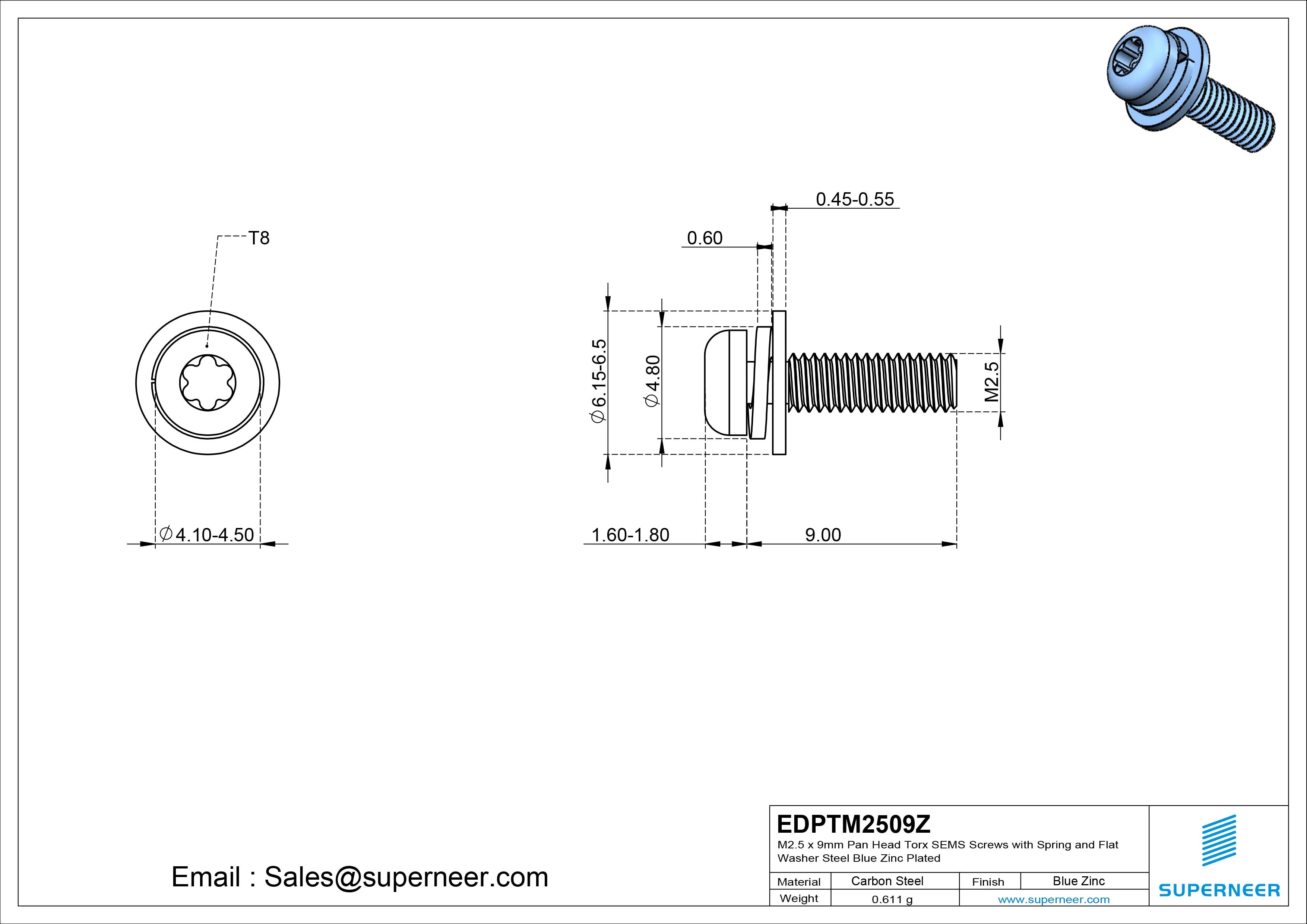 M2.5 x 9mm Pan Head Torx SEMS Screws with Spring and Flat Washer Steel Blue Zinc Plated