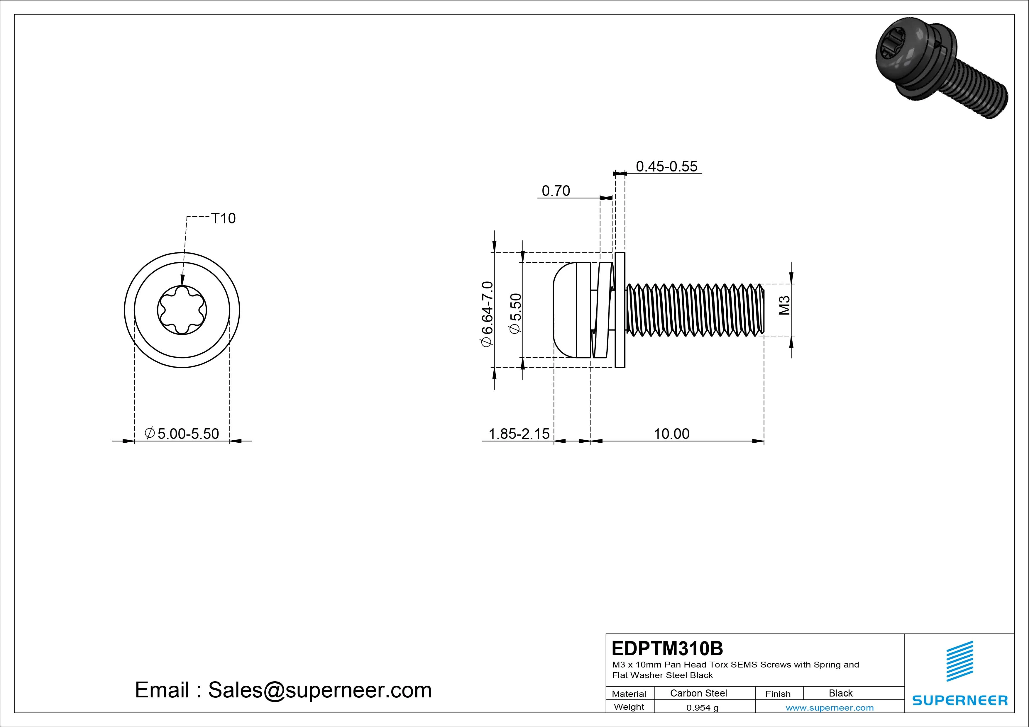 M3 x 10mm Pan Head Torx SEMS Screws with Spring and Flat Washer Steel Black