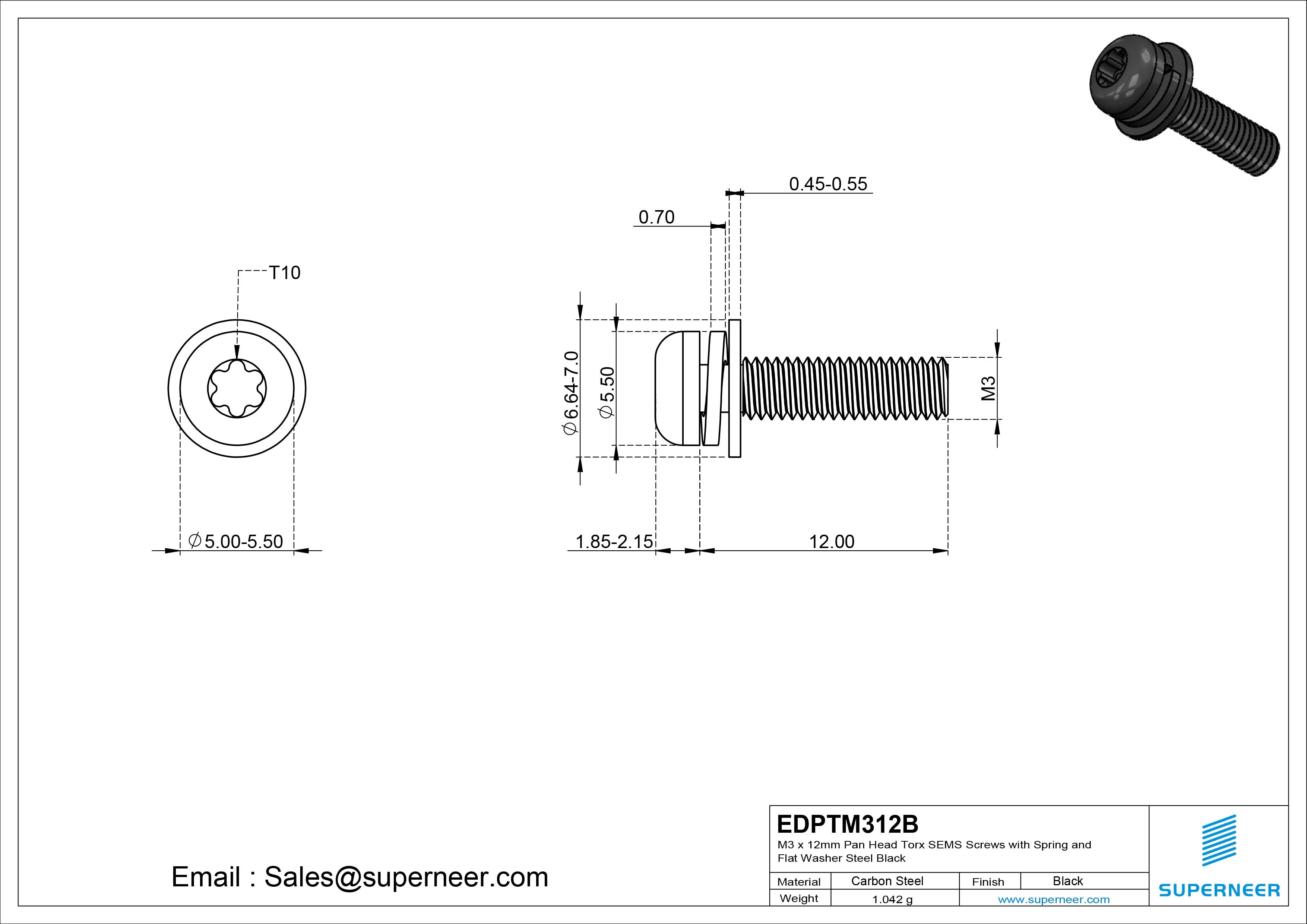 M3 x 12mm Pan Head Torx SEMS Screws with Spring and Flat Washer Steel Black