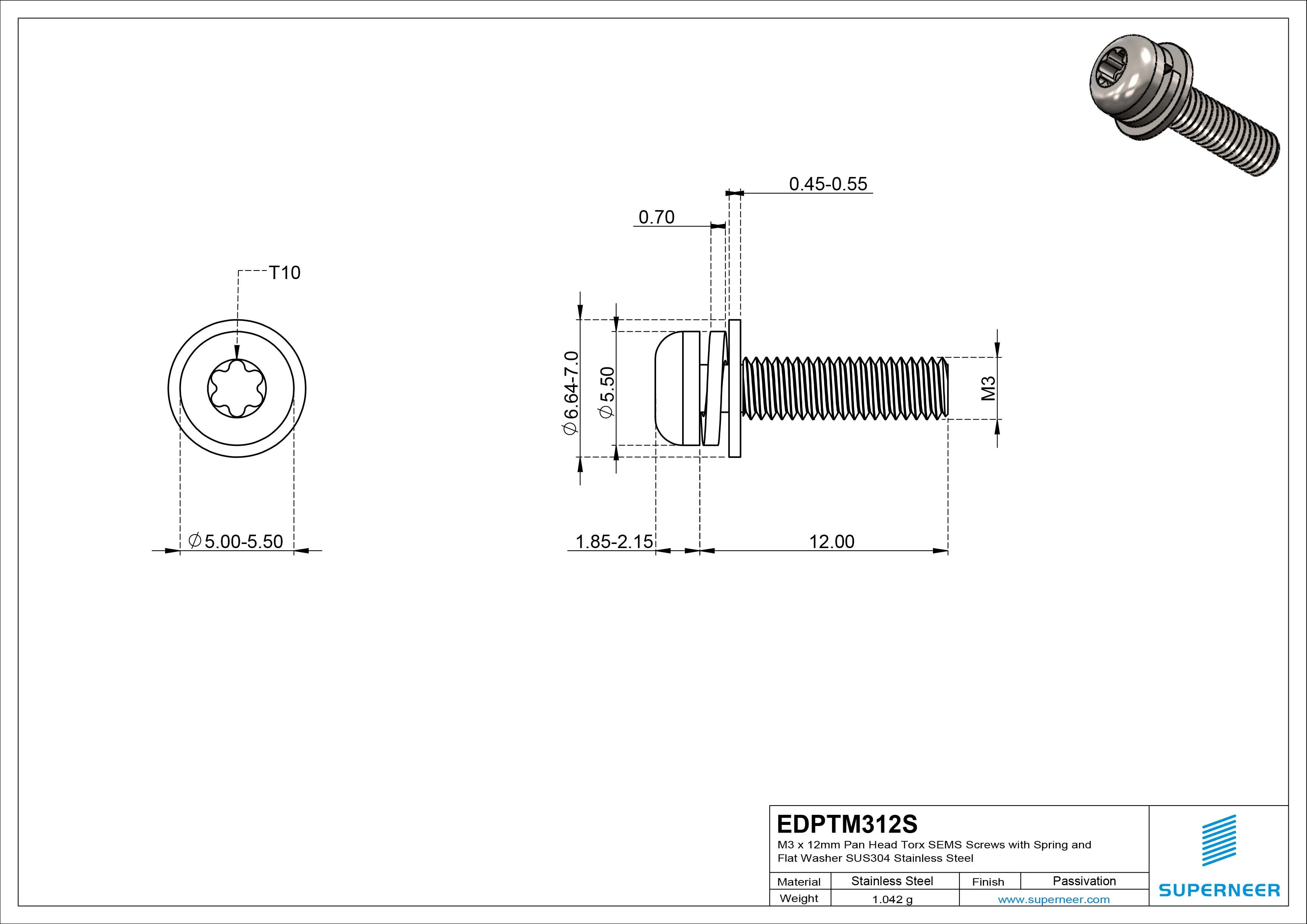M3 x 12mm Pan Head Torx SEMS Screws with Spring and Flat Washer SUS304 Stainless Steel Inox