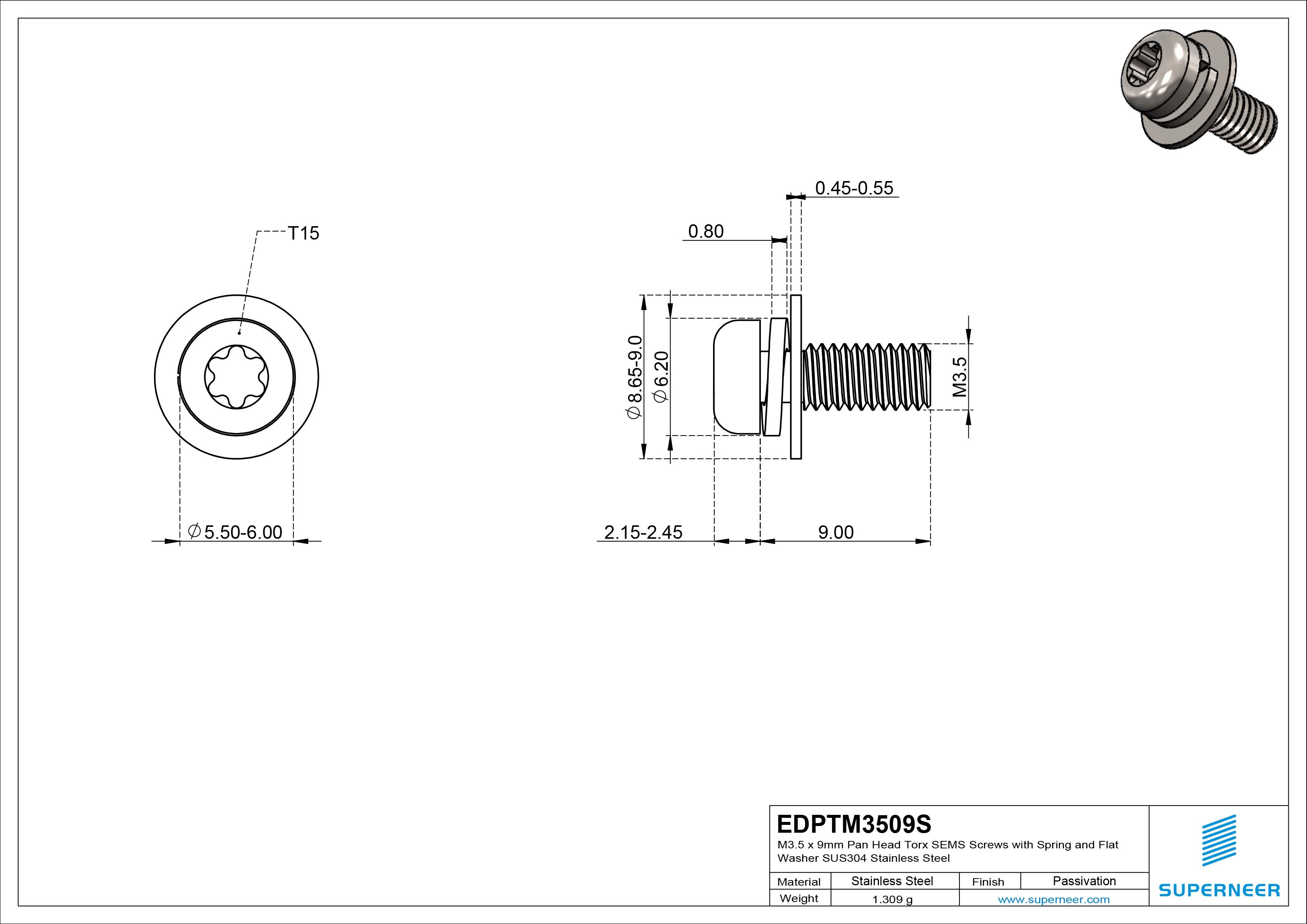 M3.5 x 9mm Pan Head Torx SEMS Screws with Spring and Flat Washer SUS304 Stainless Steel Inox