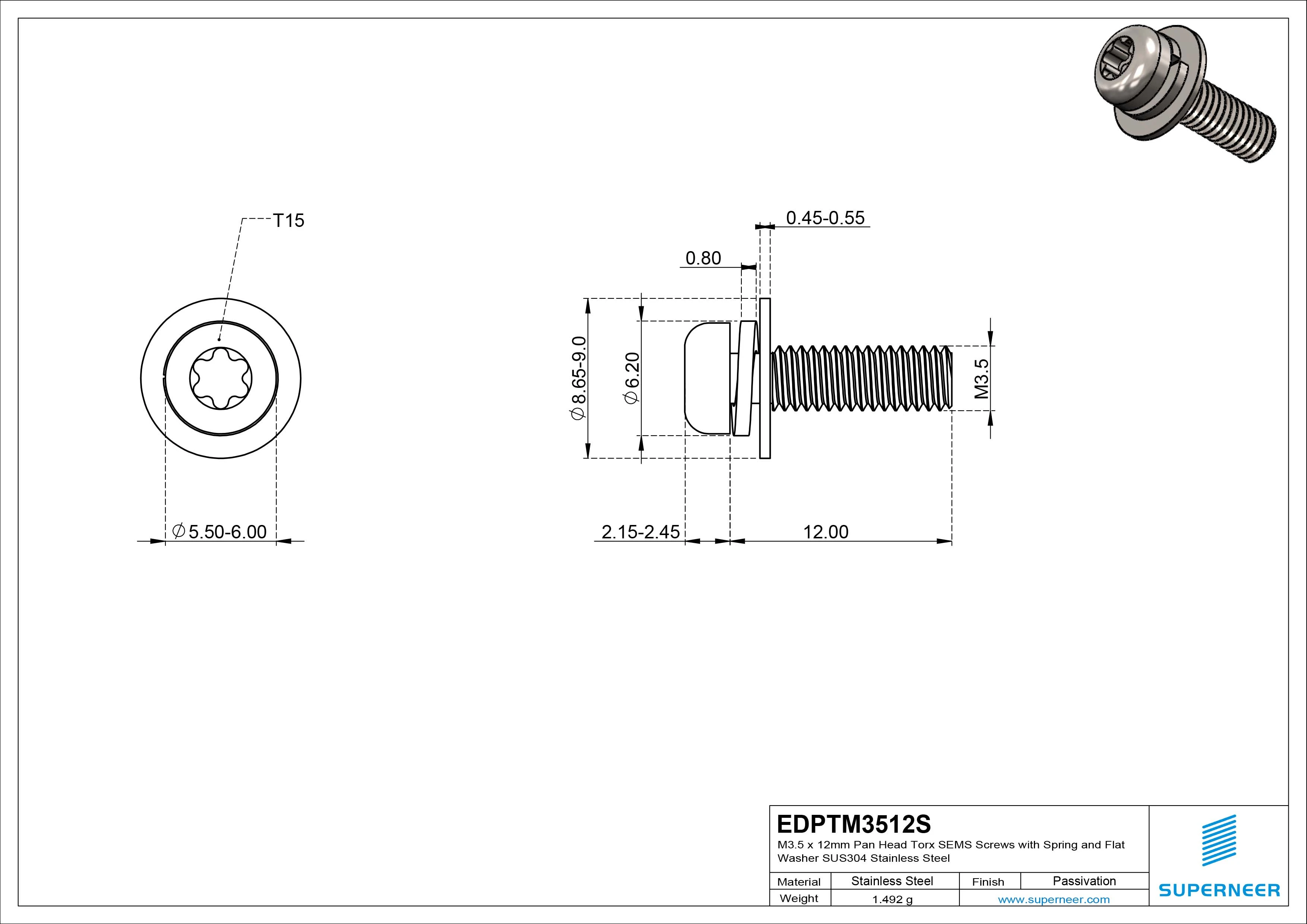 M3.5 x 12mm Pan Head Torx SEMS Screws with Spring and Flat Washer SUS304 Stainless Steel Inox