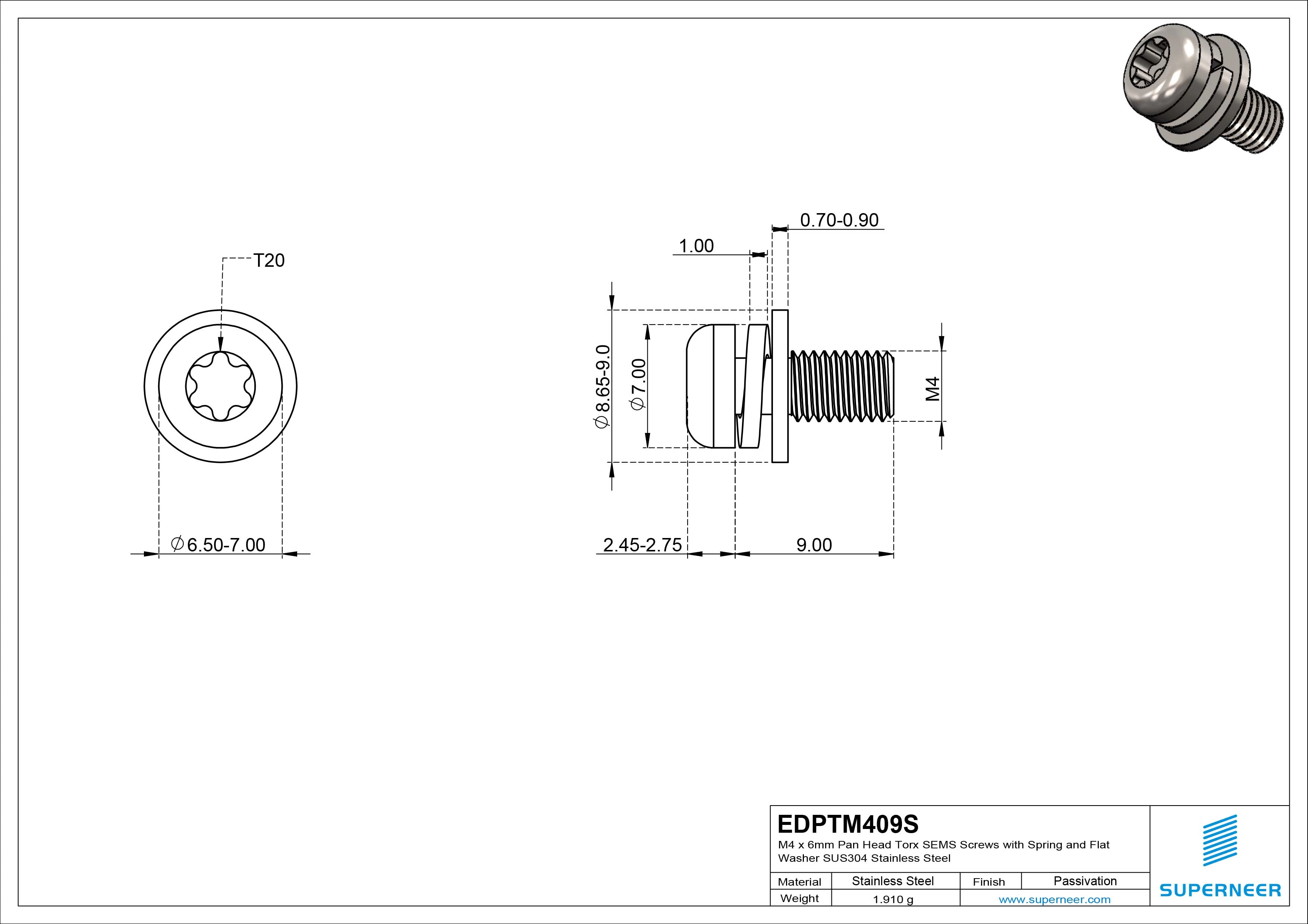 M4 x 9mm Pan Head Torx SEMS Screws with Spring and Flat Washer SUS304 Stainless Steel Inox