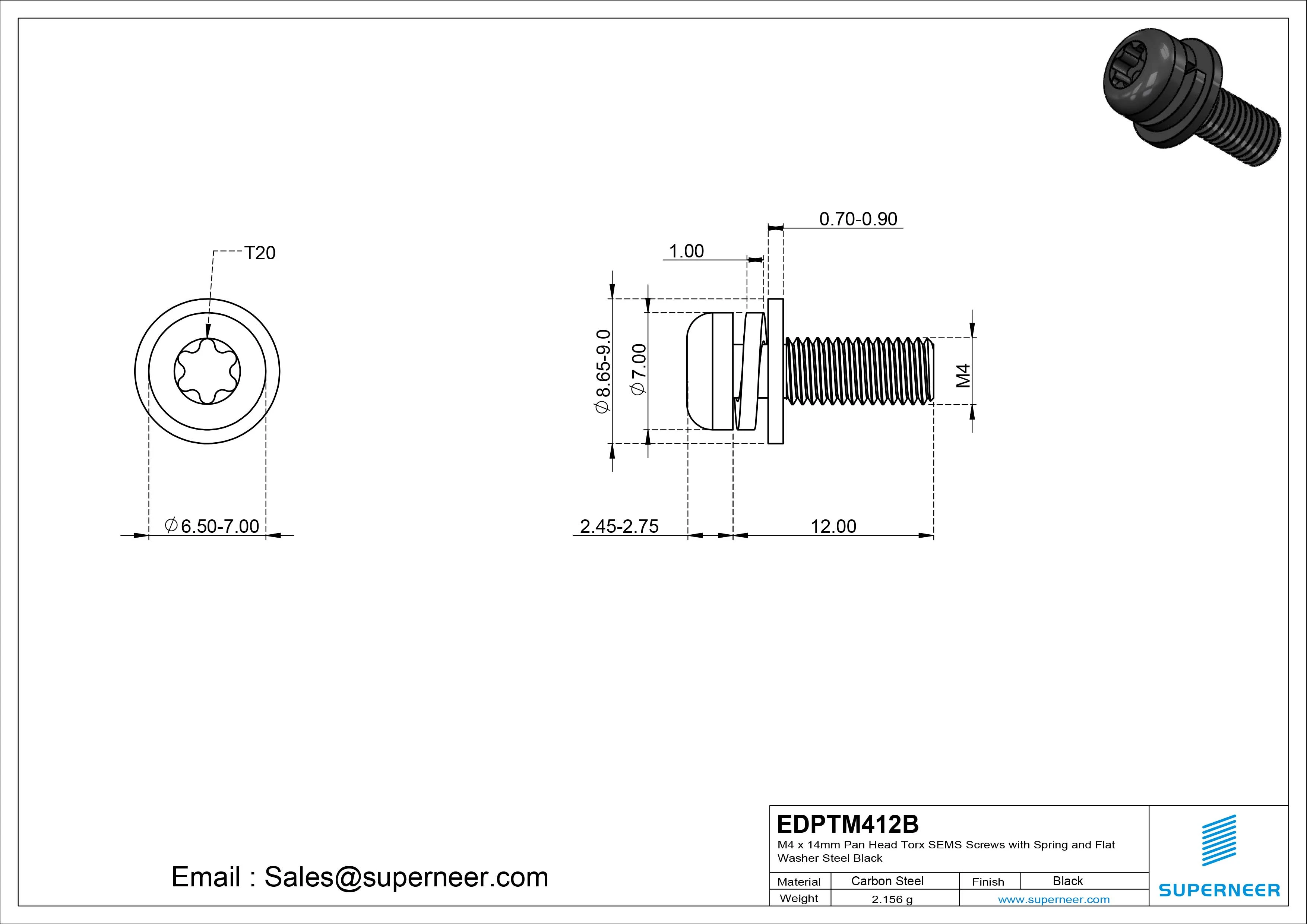 M4 x 12mm Pan Head Torx SEMS Screws with Spring and Flat Washer Steel Black