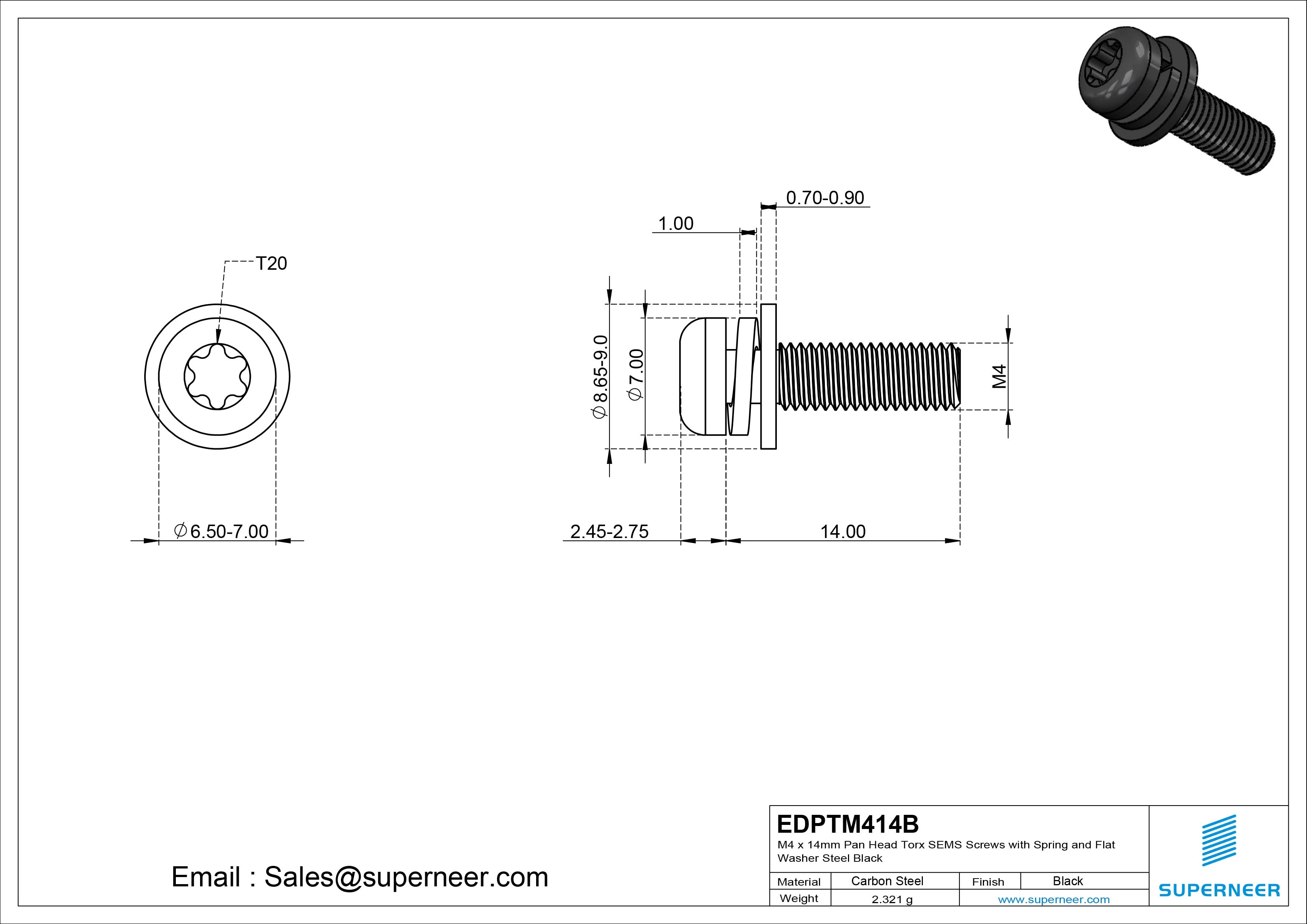 M4 x 14mm Pan Head Torx SEMS Screws with Spring and Flat Washer Steel Black